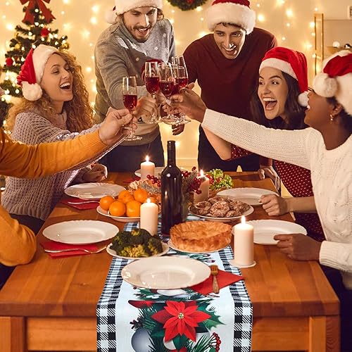 Miniatura 5 de Fixwal Camino de mesa de Navidad a cuadros de búfalo blanco y negro, 72 pulgadas, conos de pino, bayas rojas, decoración de mesa de invierno para el