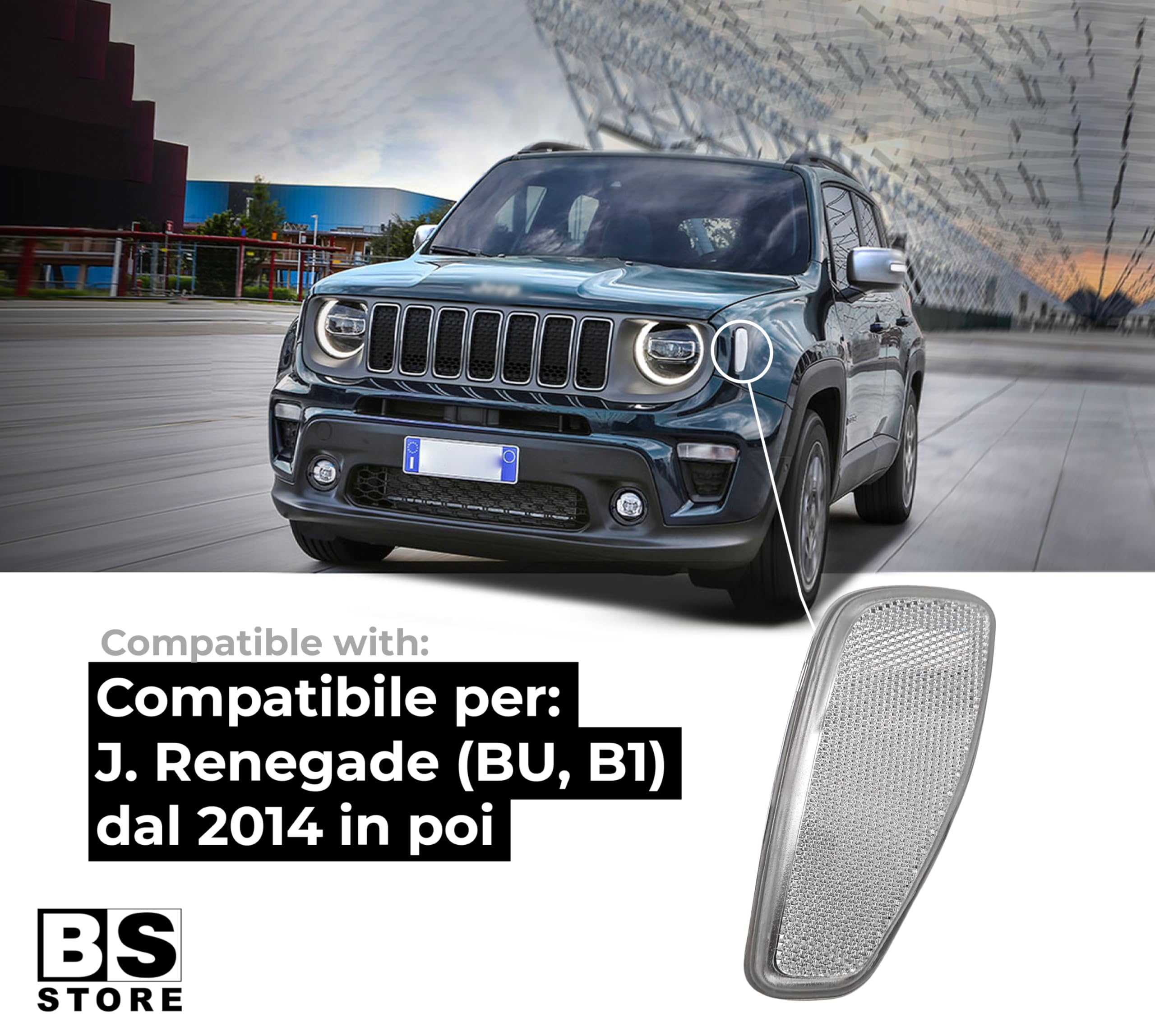 BSSTORE Catadiottro Laterale Bianco per Renegade (BU, B1) dal 2014 in poi (Sinistra - Lato Conducente)