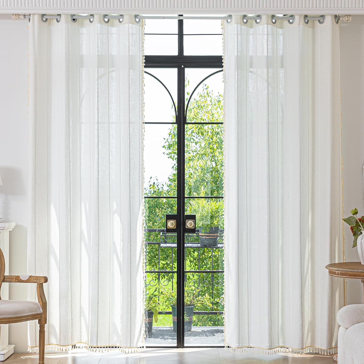 Deep Dream Grommet Semi-Sheer Boho Curtains 84 Inch Length 2 Panels for Living Room, Linen Blend Tassels Farmhouse Curtains with Embroidery for Bedroom (52" W x 84" L, 2 Panels, Off White) Off White 52"W x 84"L (Pack of 2)