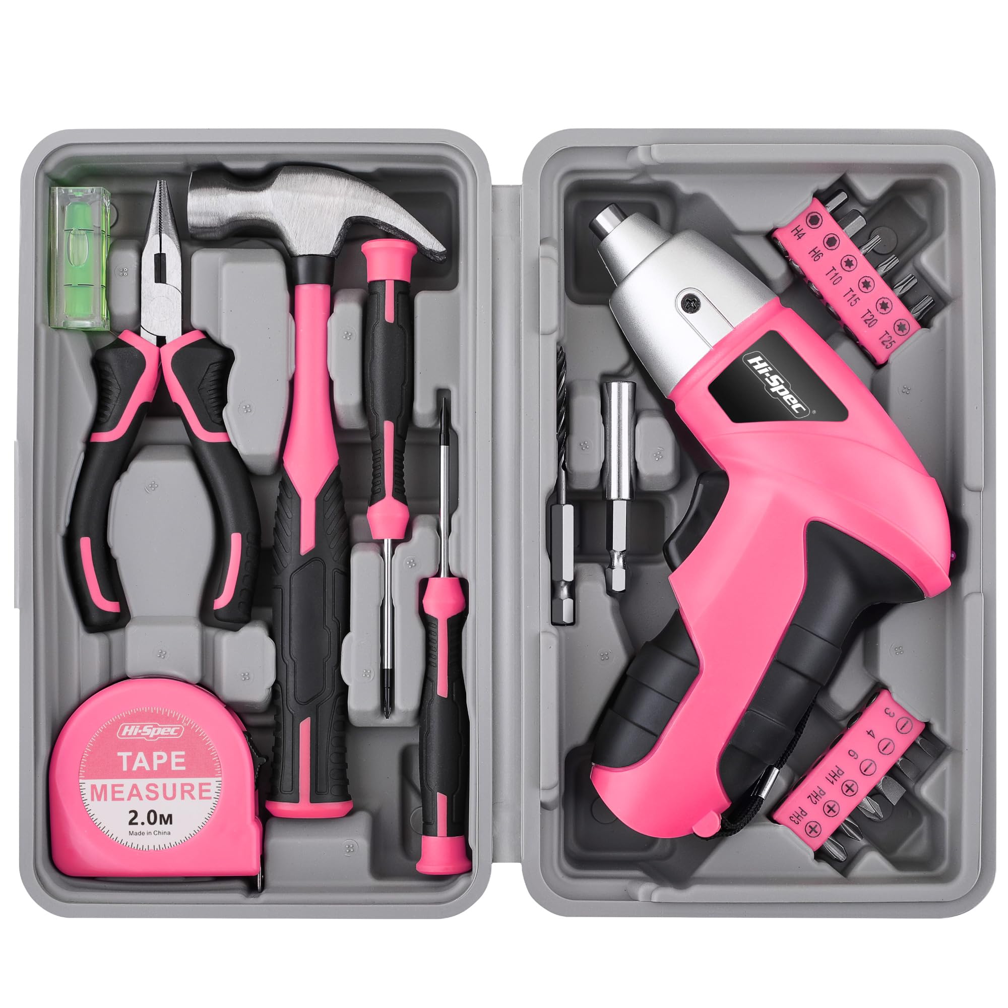 Hi-Spec Cordless Electric Screwdriver & Women's Home Tool Kit Set, Pink