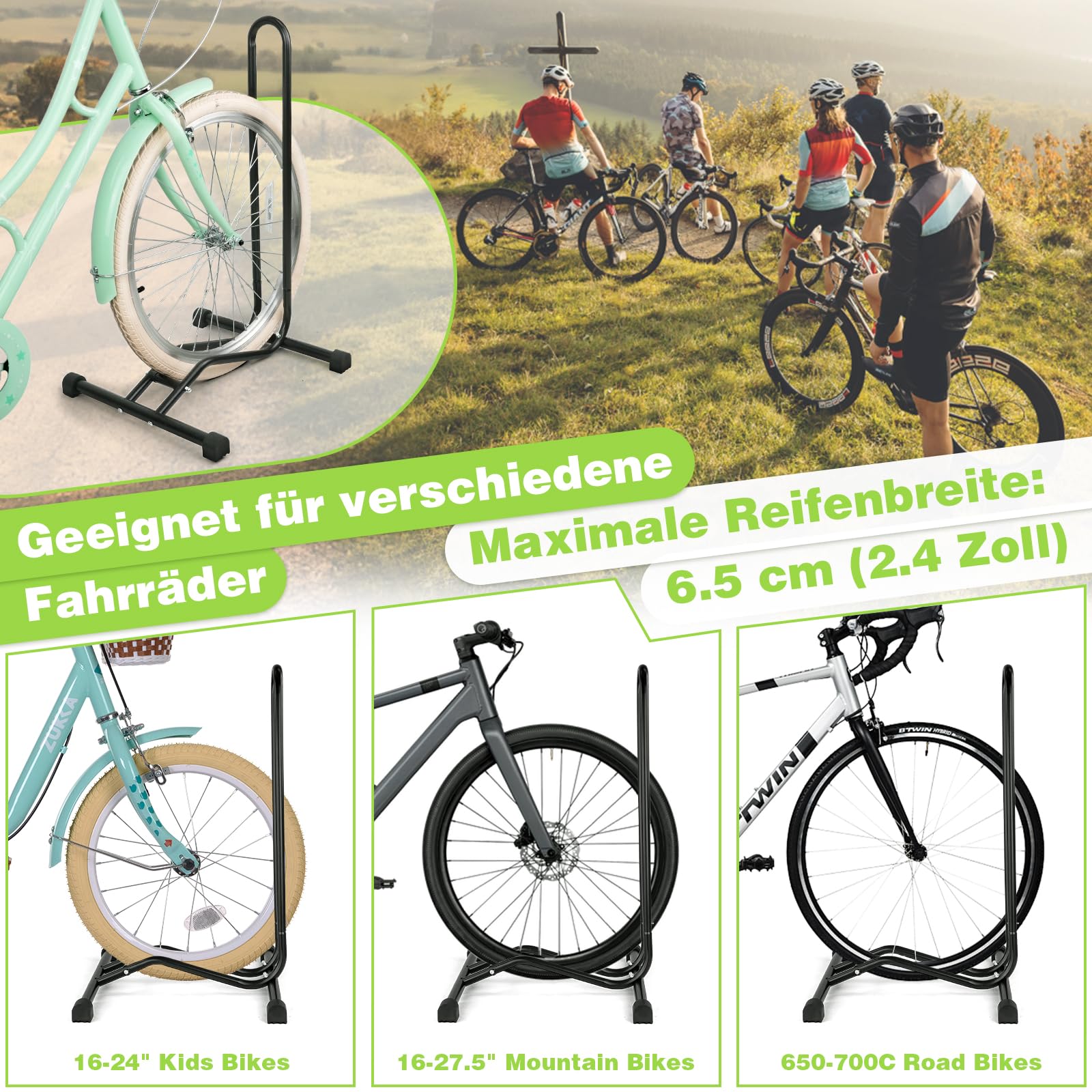 MEGHNA 2 supporti per bicicletta per pneumatici da 16-27,5 pollici, in acciaio al carbonio, robusti e stabili, salvaspazio, per biciclette con larghezza pneumatici fino a 6,5 cm
