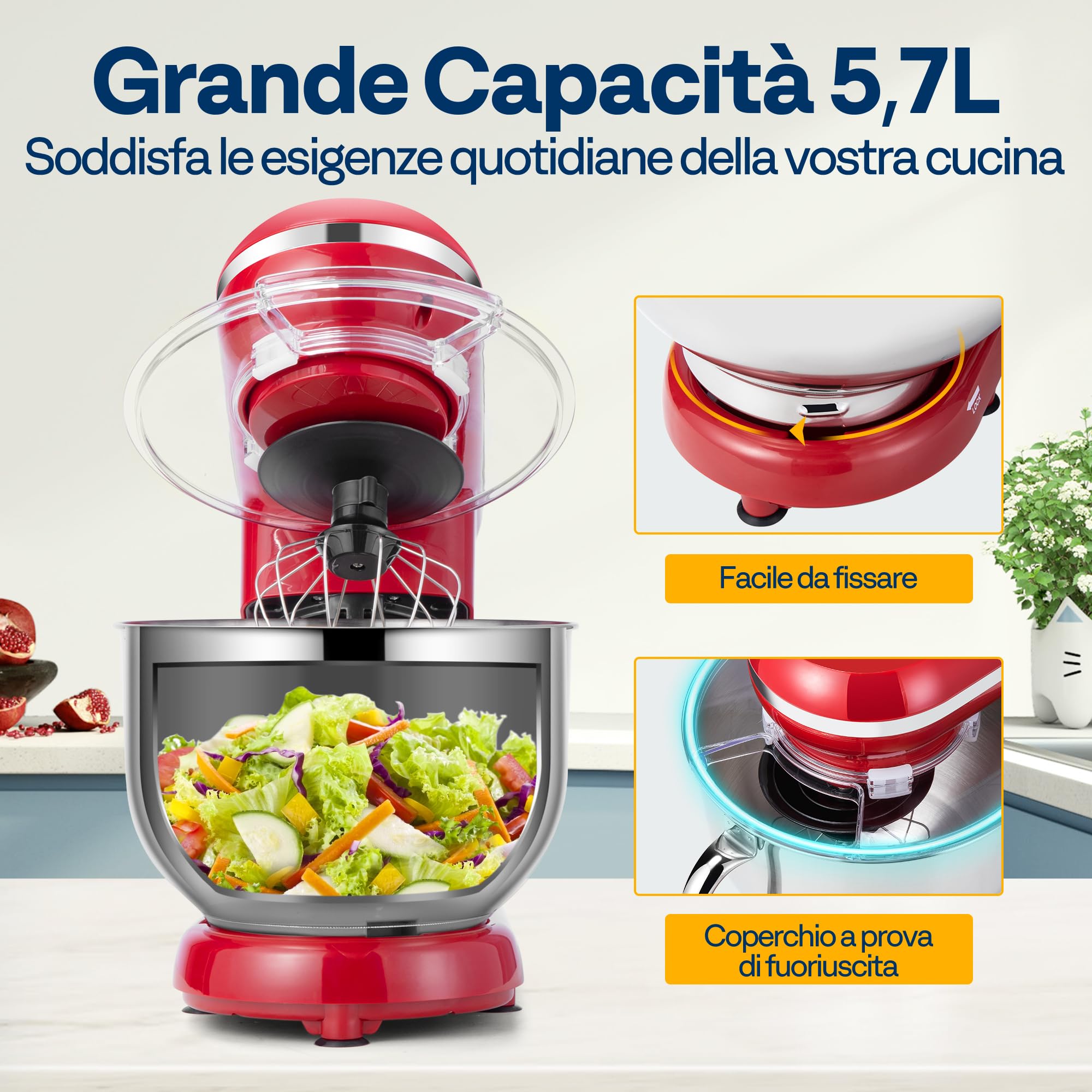 VIVOHOME Impastatrice Planetaria Professionale 5,7L 10 Velocità 1500W Contenitore in Acciaio Inox, Impastatore da Cucina Multifunzione con Gancio per Impastare Frusta per Dolci, Rosso