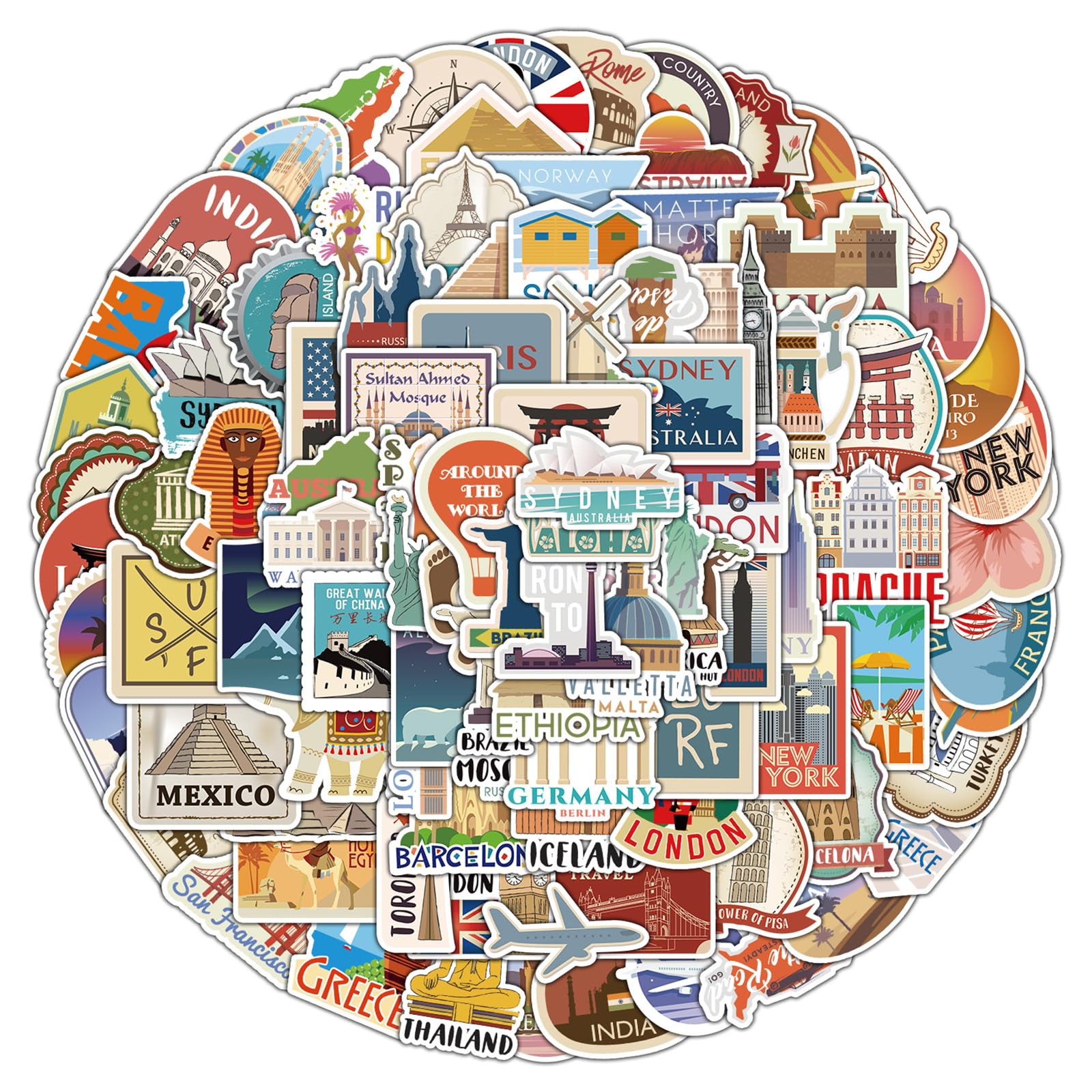 Dialysis Multicolor 100Pcs World Travel Stickers, Waterproof Vintage City Landmark Vinyl Decals For Scrapbook Water Bottle Laptop Travel Journal Luggage Teens Adults Decorating