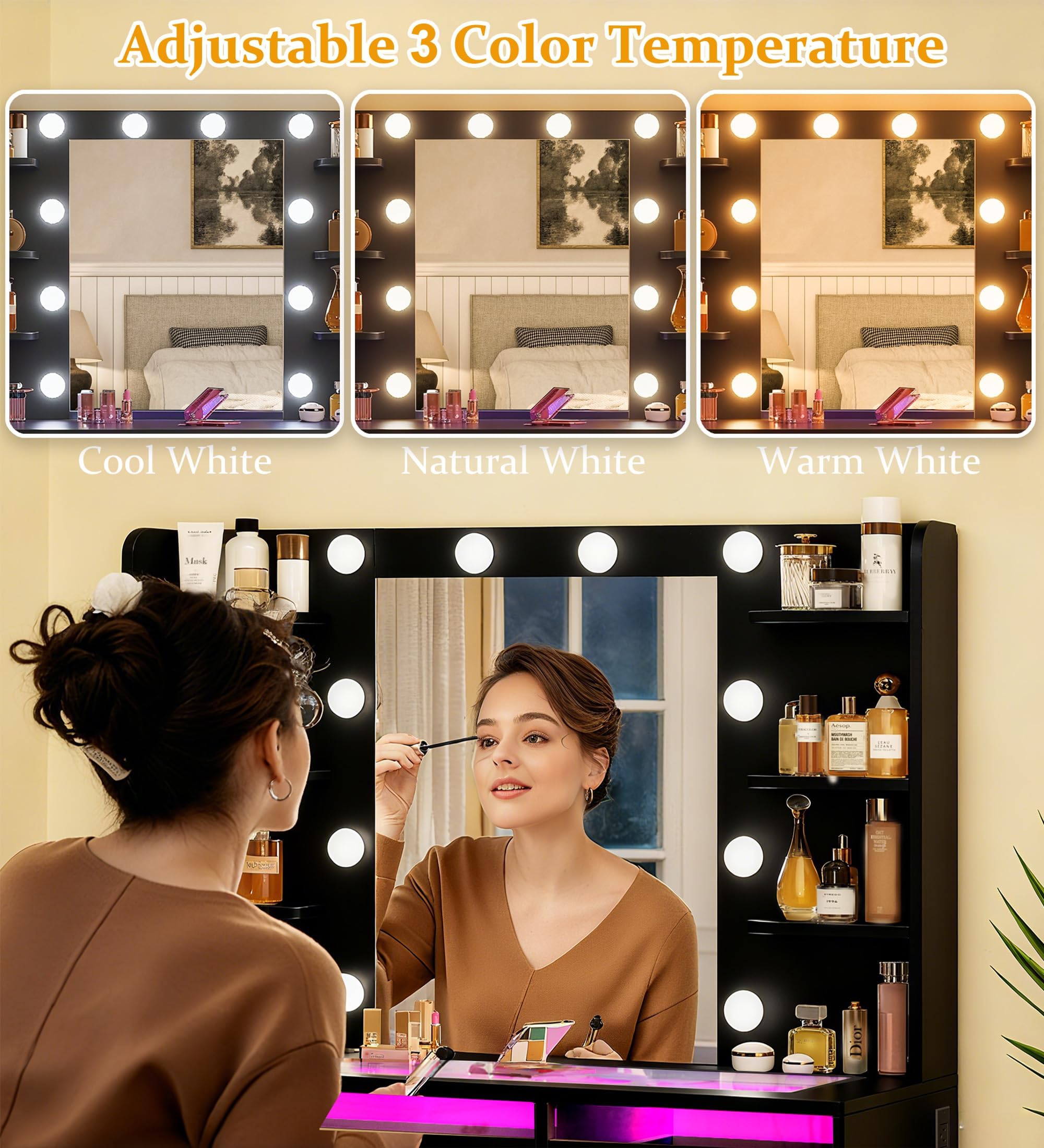 HUAHUU Vanity Desk with Mirror and Lights, Makeup Vanity Desk with Lights 3 Colors, Transparent Top Vanity with 2 RGB Drawers, 6 Shelves, Large Tempered Cabinet, Power Outlet, for Bedroom, White: Black