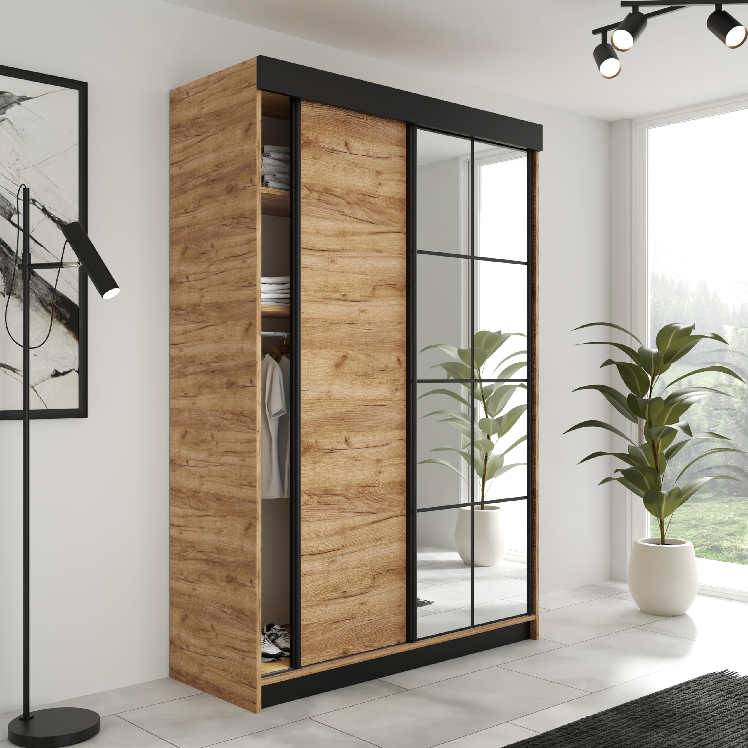 KIER FURNITURE Schiebegarderobe LAMARO mit Spiegel - Schrank Schlafzimmer - Schlafzimmerschrank - Wardrobe Bedroom - Kleiderschränke - Kleiderschrank Eiche Craft Gold - 138x205x59