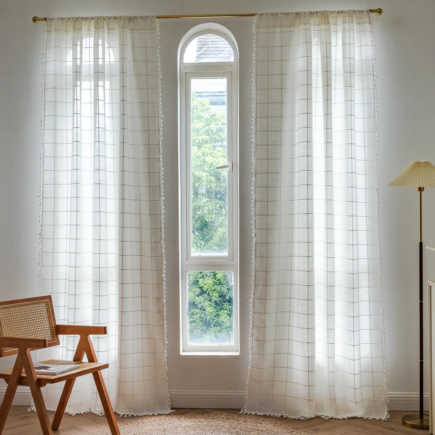 Tende in lino beige con nappe ricamate, stile country vintage, per camera da letto e soggiorno, 1 pezzo, 132 x 120 cm (larghezza x altezza)