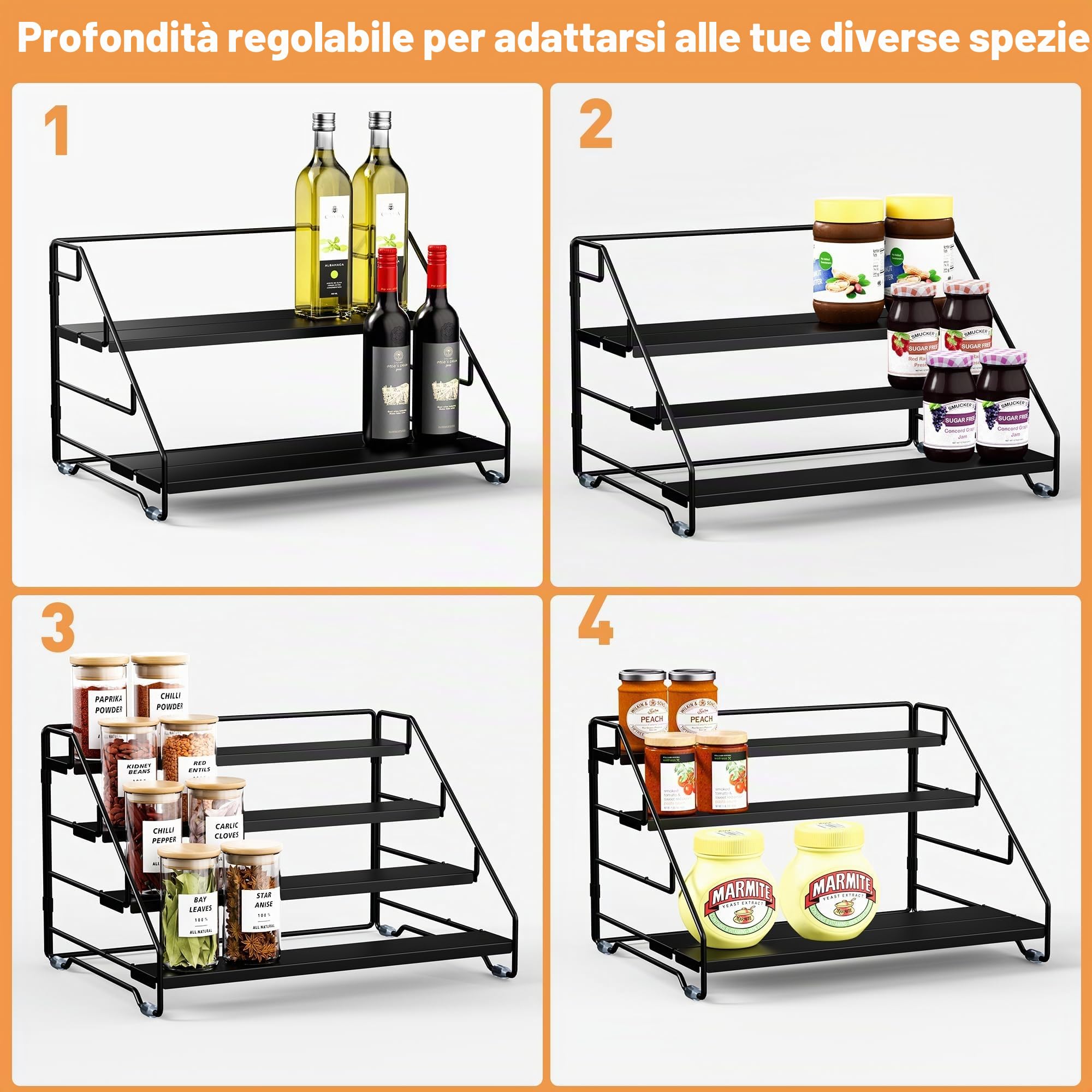Gucass Porta Spezie per Cucina, Portaspezie in Metallo Salvaspazio A 4 Livelli, Portaspezie da Appoggio Regolabile Supporto Porta, Spezie Organizer per Cucina Bancone Armadio, Nero