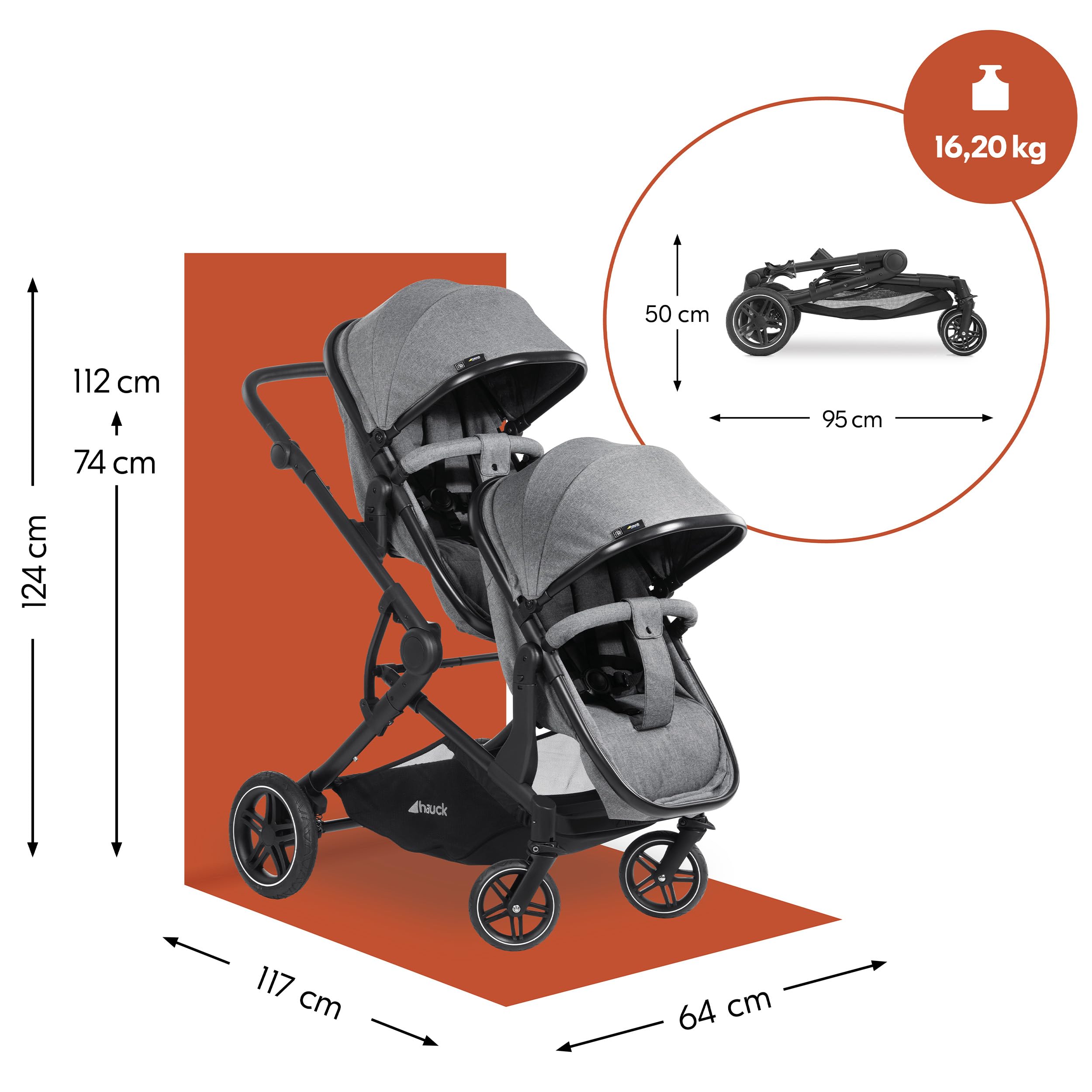 hauck Zwillingskinderwagen Atlantic Twin ab Geburt | 2 Babywannen zu drehbaren Sportsitzen mit Liegeposition | Geschwisterwagen mit Insektennetz & Sonnensegel UV50+ – Melange Grey