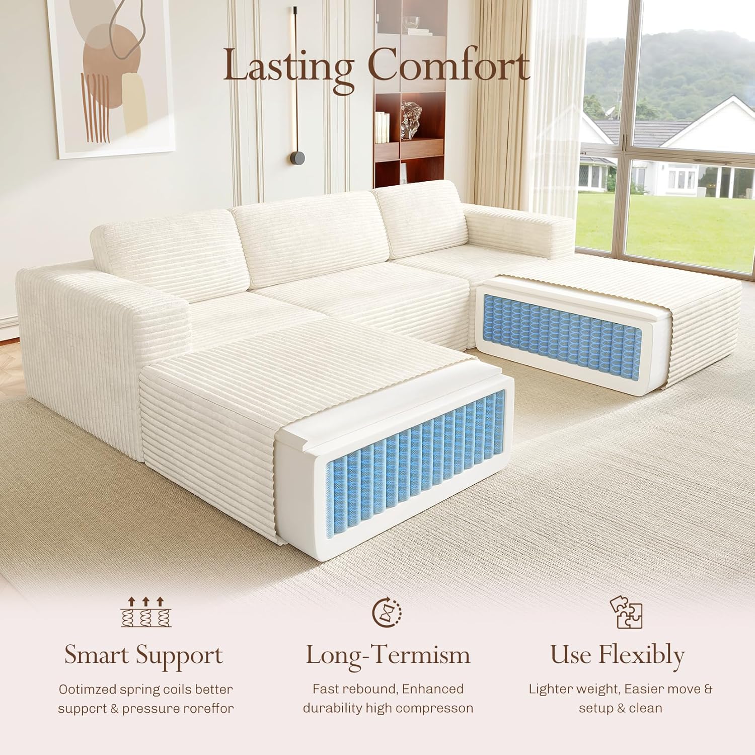 Vesgantti 119" Oversized U-Shaped Modular Sectional Sofa, Corduroy Cloud Couch with Deep Seating & Spring Support, Convertible Sofa with 2 Ottomans, Boneless Couch, No Assembly Required, Beige