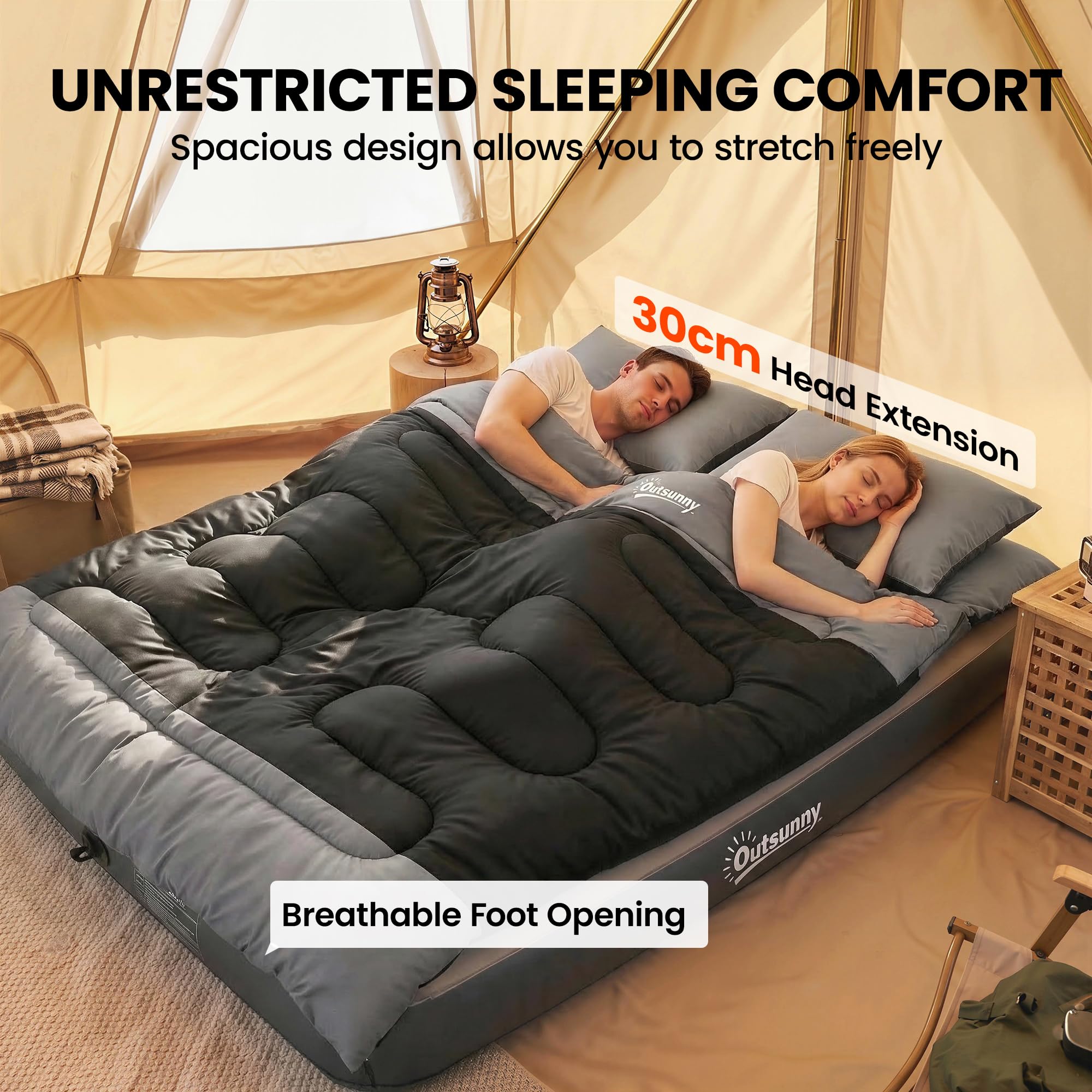 Outsunny Double Sleeping Bag with 2 Pillows, 220 x 160 cm Extra-Large Sleeping Bag for Adults, Detachable into Two Singles or Quilts, for Camping, Hiking — view 5