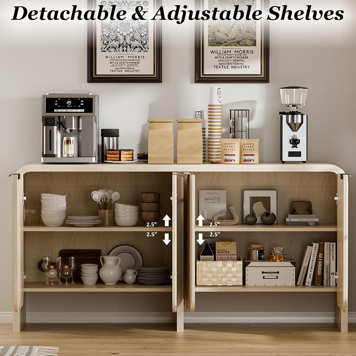 Modern Fluted Sideboard Buffet Cabinet, 4-Door Storage Cabinet with Adjustable Shelves & Anti-Tip Device, 59" W Wood Credenza for Bedroom/Living Room