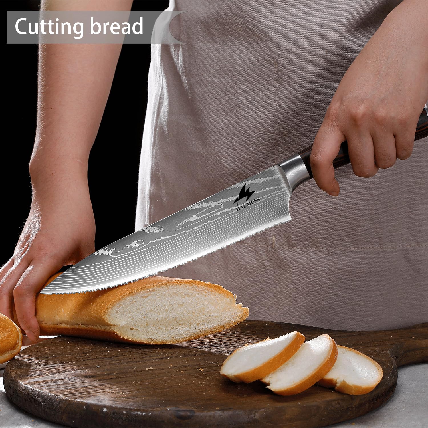 Coltello da Chef Seghettato 20,5 cm – Acciaio Inox ad Alto Carbonio, Manico in Legno Ergonomico – Ideale per Alimenti Congelati, Pane e Carne