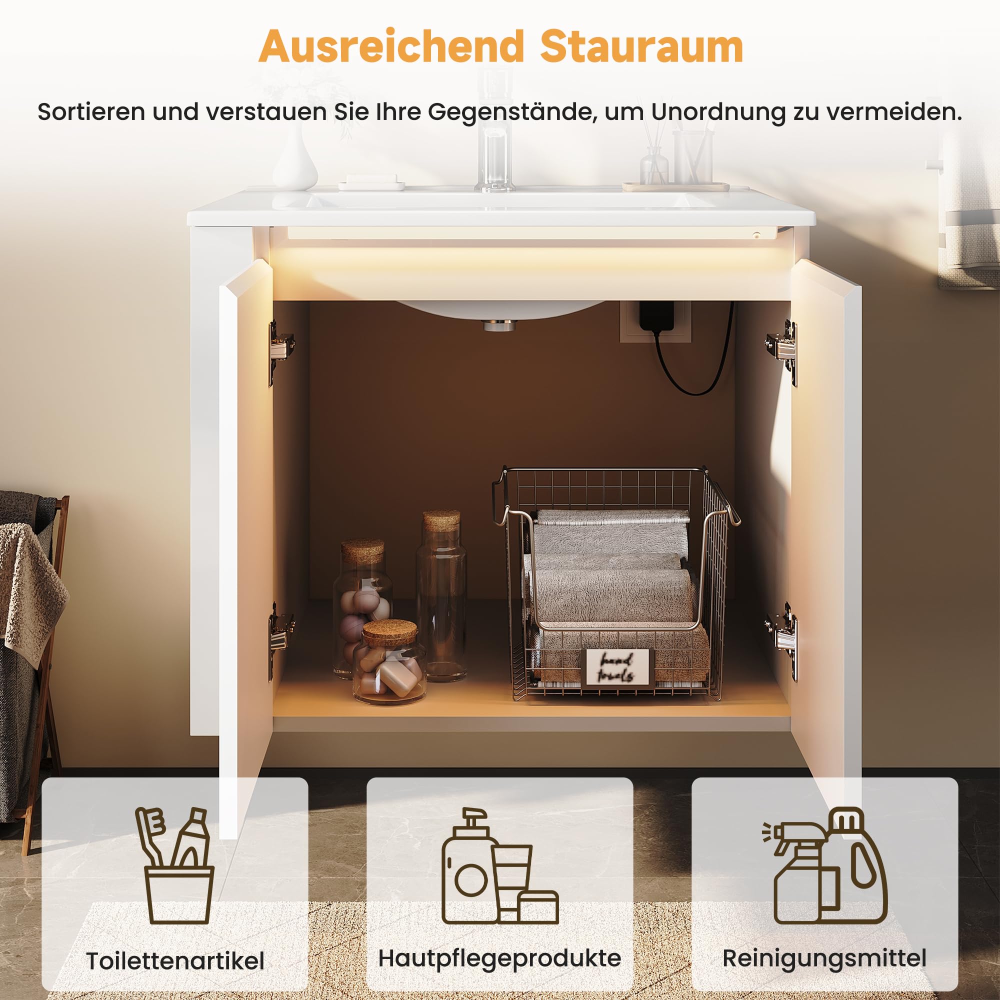 SONNI Badmöbel Set Waschbecken mit Unterschrank 60cm, inkl. Keramikwaschbecken, LED-Lichtleiste, Offenem Fach, Hängend, Grifflos, Hochglanz Weiß, Badezimmermöbel, 60x50x50cm.