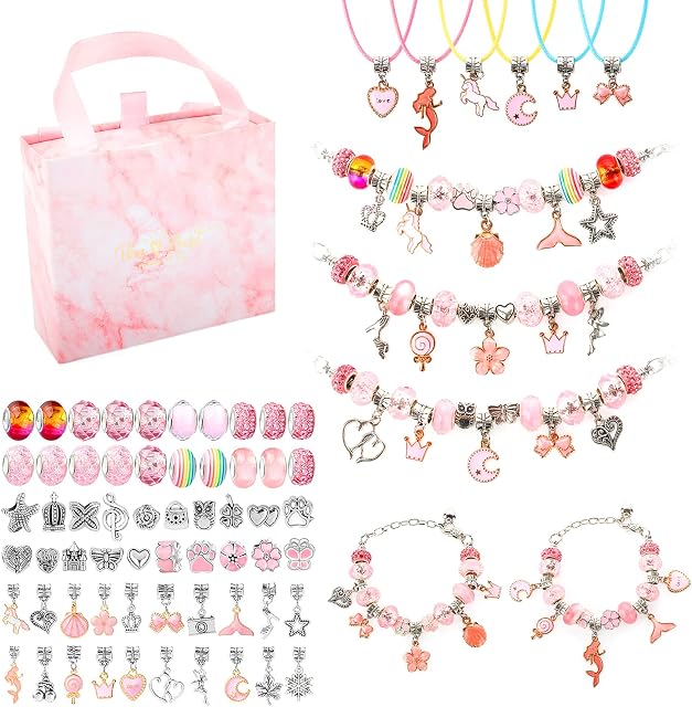 CICIGETI Charm Bracelet Making Kit for Girls, Jewellery Making Kit for 5 6 7 8 9 10 11 12 Year Old Girls, Girls Toys for Arts Crafts for Kids, Gifts for Teenage Girls, Pink