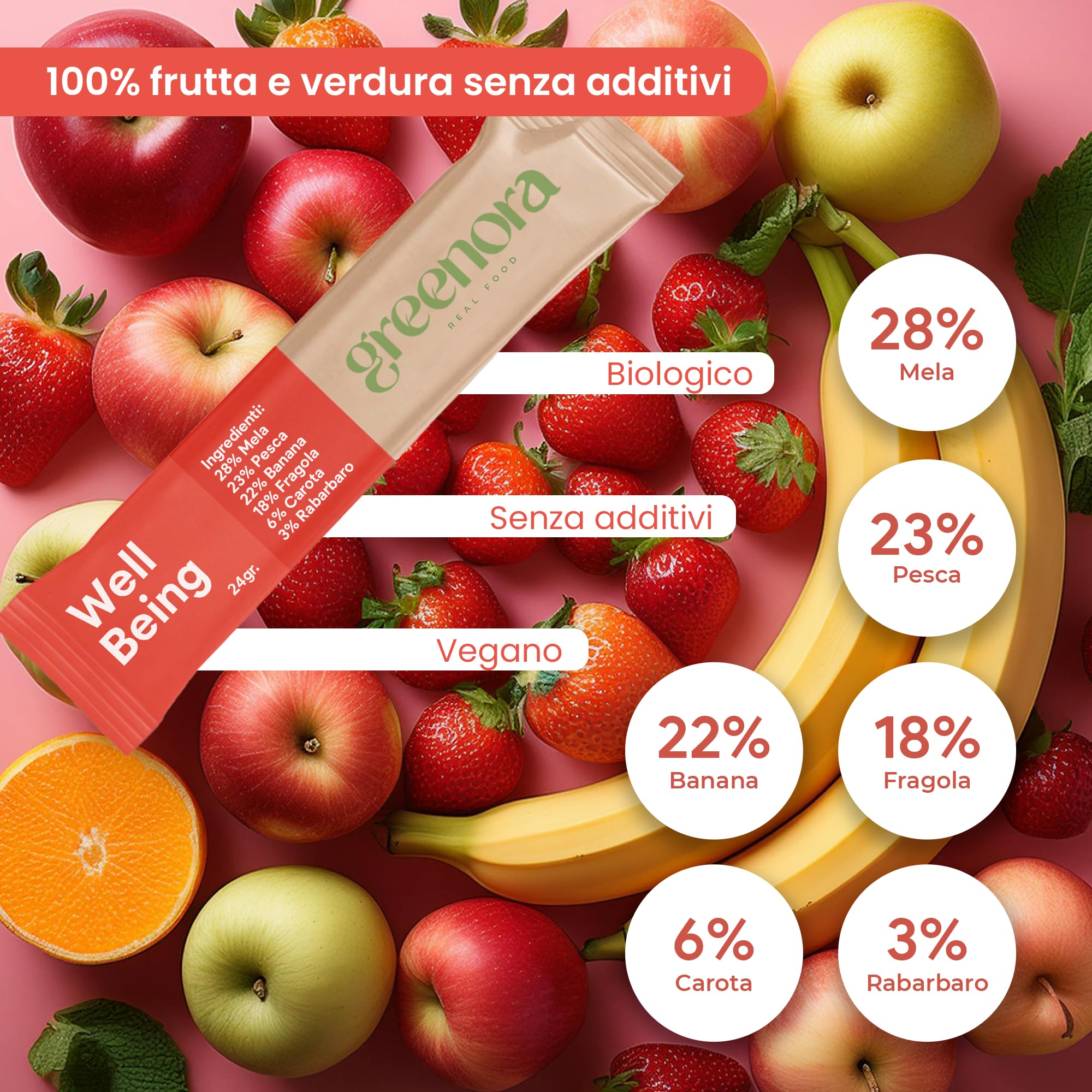 GREENORA Smoothie Vegano Frutta Liofilizzata in Polvere 100% Naturale. Disidratata. Fragola, Mela, Zenzero, Mango, Barbabietola, Spirulina. Senza Zuccheri Aggiunti 9x24g
