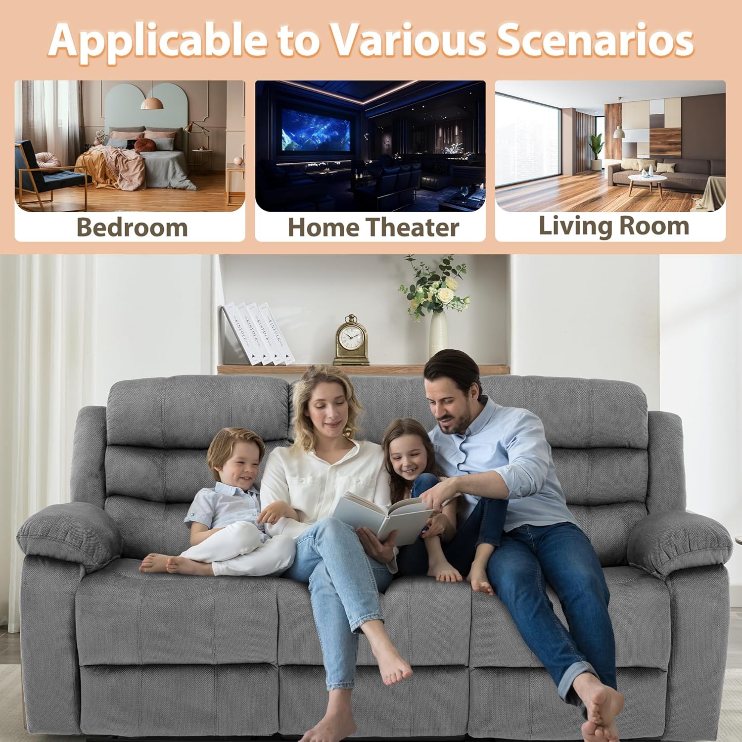 RV 3 Seater Couch Recliner with Overstuffed Arms Wall Hugger 3-Seater Manual Reclining Couch with Side Pocket Manual 3 Seat Reclining Sofa for Living Room RV Bedroom Home Theater Apartment