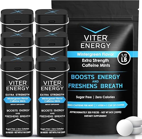 Viter Energy Paquete de 6 unidades con sabor a menta de cafeína extra fuerte y bolsa a granel de 12 libra - 80 mg de cafeína, vitaminas B, sin