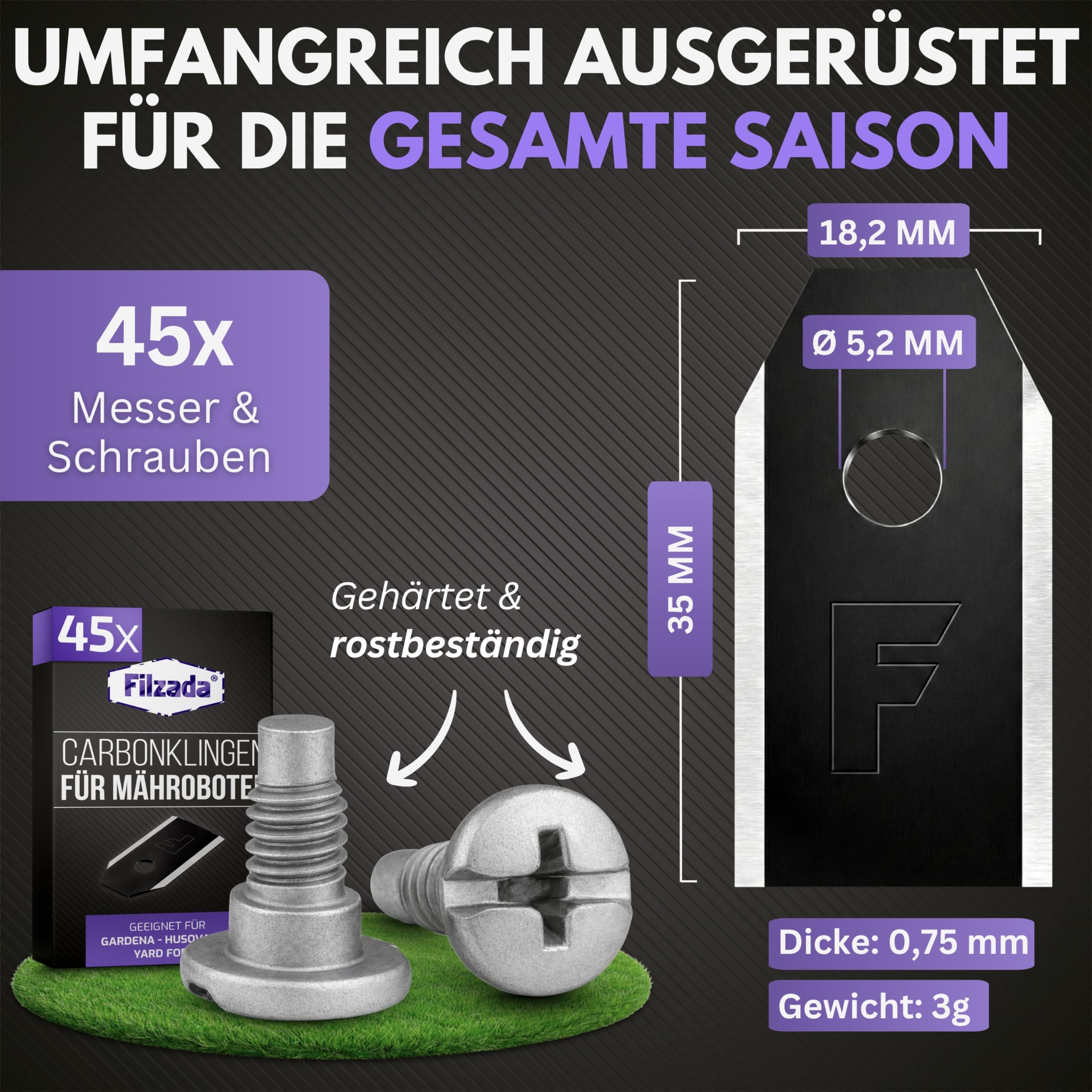 Filzada® 45x Mähroboter Messer CARBON inkl. Schrauben - Ersatzmesser für Rasenmäher kompatibel mit Husqvarna Mähroboter, Gardena Sileno & Yard Force - Geeignet für Husqvarna Automower Messer
