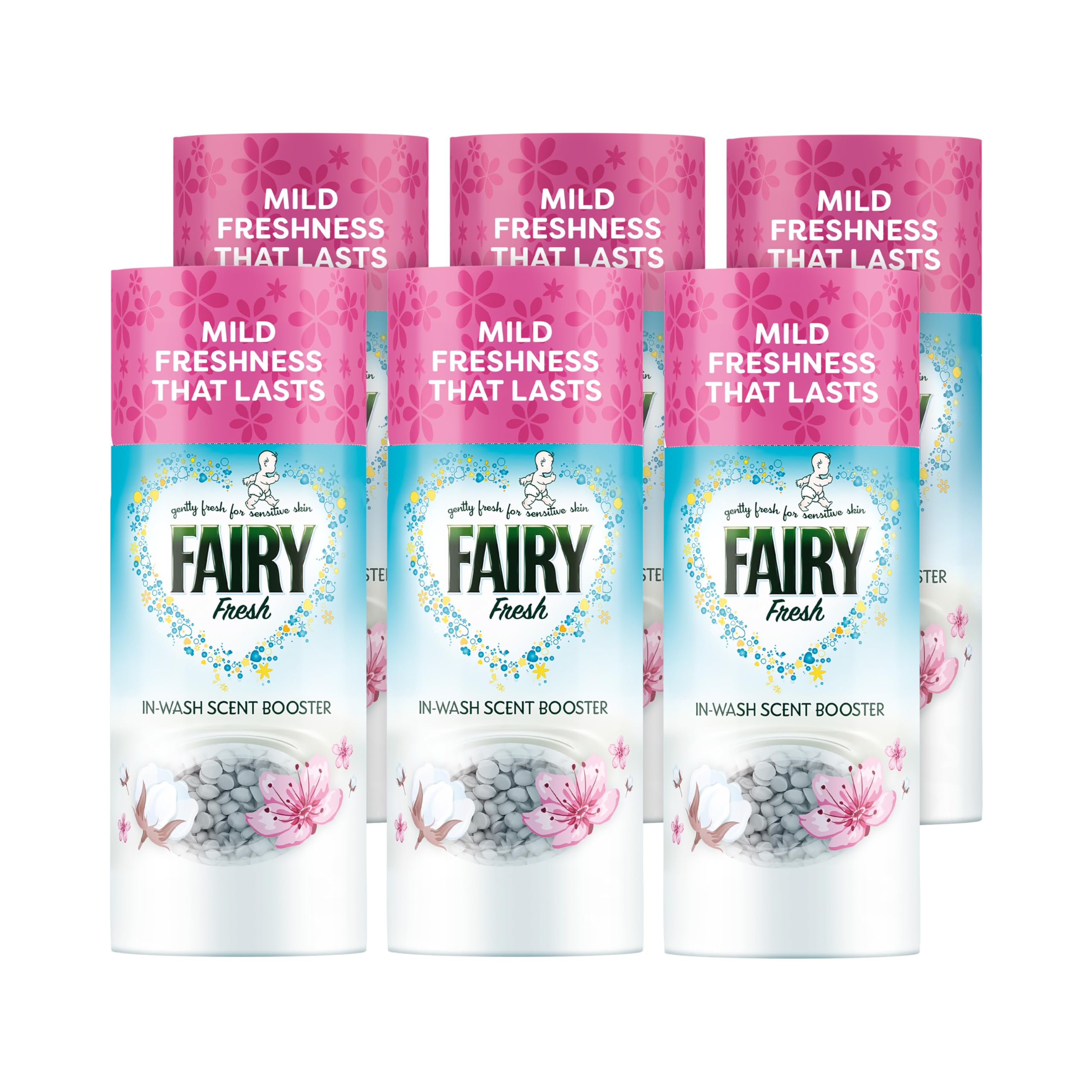Fairy in-Wash Scent Booster, 6 x 155g, Cherry Blossom & Nordic Cotton, Mild Freshness that Lasts, Voted No1 for Sensitive Skin