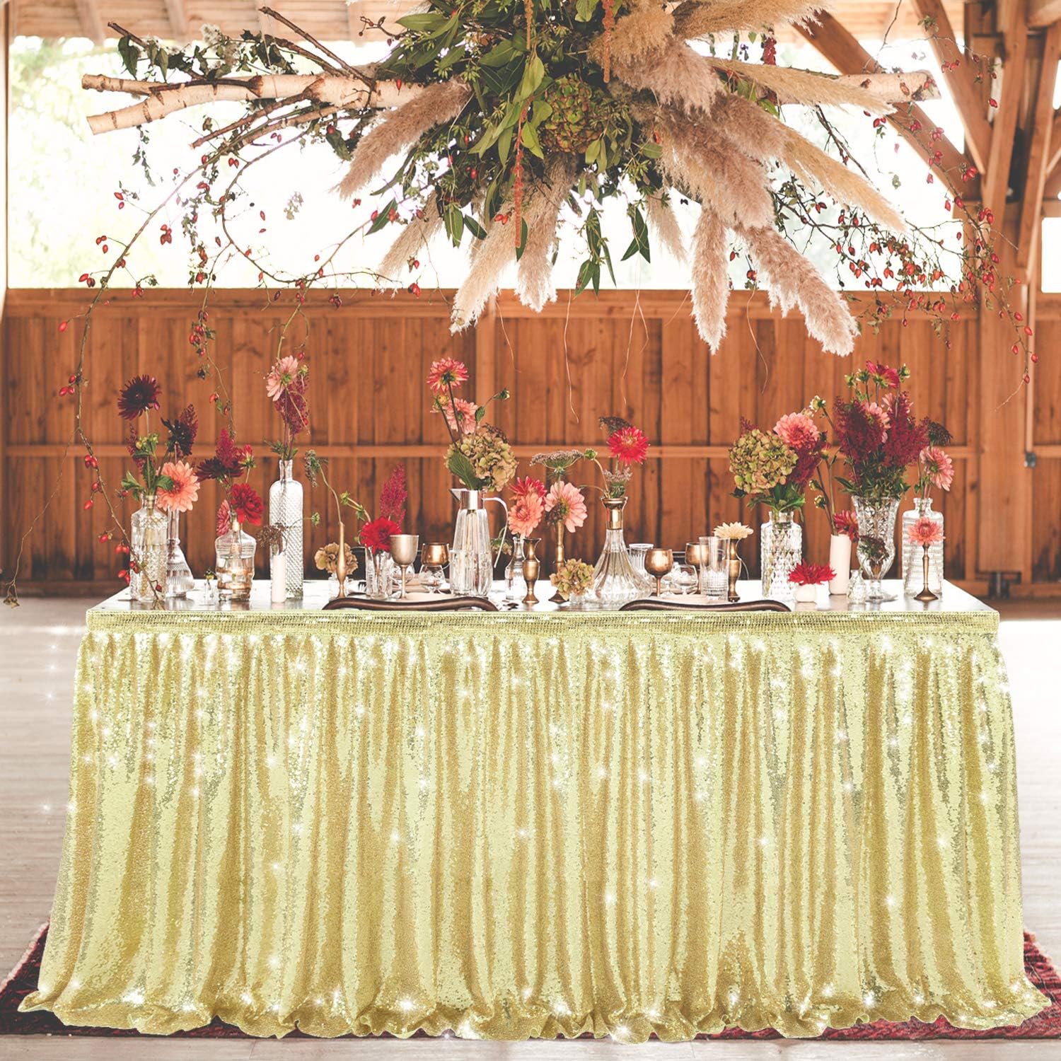 Up To 40% OFF Sequin Table Skirt Tablecloth for Wedding Party Cake Dessert Events Table Linens (light gold, L 6(ft) H 30in) Best Promo Sequin Table Skirt Tablecloth for Wedding Party Cake Dessert Events Table Linens (light gold, L 6(ft) H 30in)