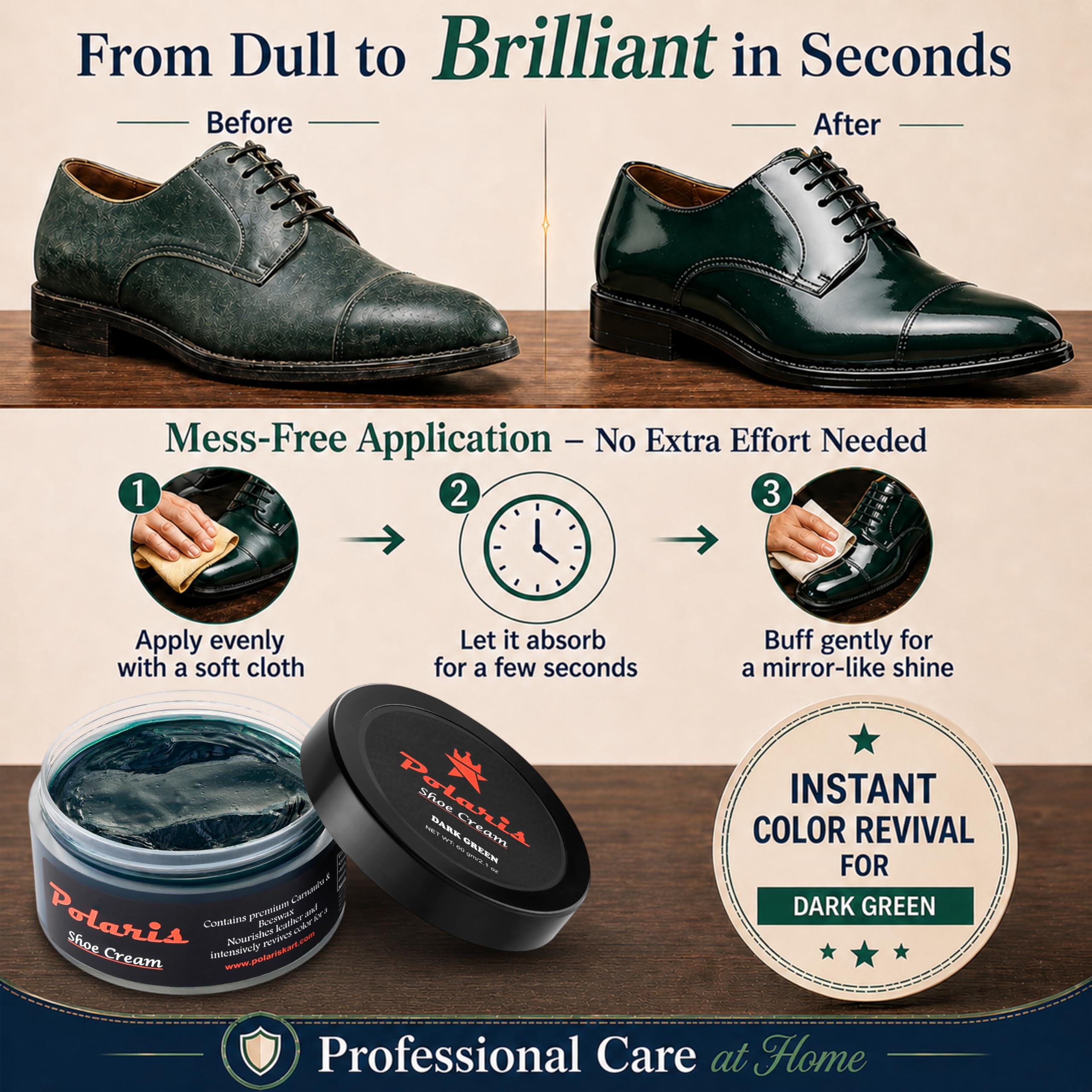 polaris Shoe Cream Dark Green 60gm | Premium Leather Shoe Polish & Shoe Shine Cream | Long Lasting Leather Conditioner Shoes & Shoe Color Restorer for Formal Shoes, Boots, Bags & Belts 1
