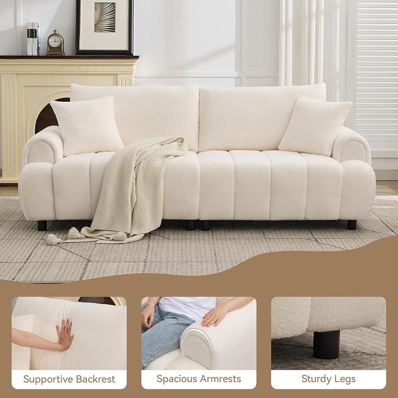 Abbrevi 88 "Modern Boucle Sofa Couch, Oversized Comfy 3 Seater Sherpa Curved Sofas Deep Seat, Upholstered Loveseat Teddy Round Arm Couches for Living Room, Bedroom, Beige image 4