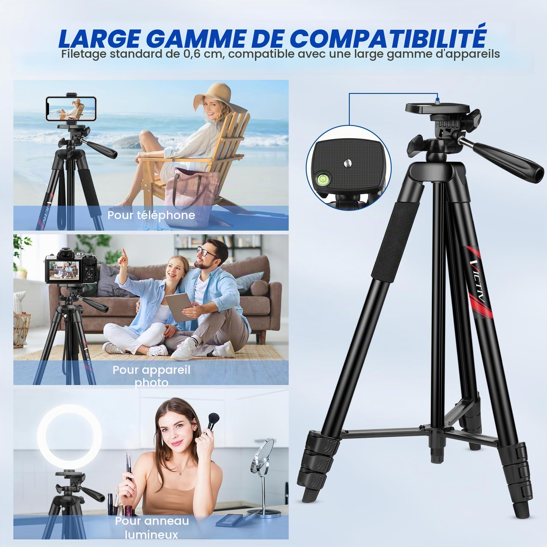 Victiv 162cm Nouveau Trepied Smartphone, Trépied Téléphone en Aluminium pour iPhone, Samsung, Huawei, avec Télécommande & Support, Portable Trépied Appareil Photo pour DSLR Caméra, Canon, Nikon, Sony