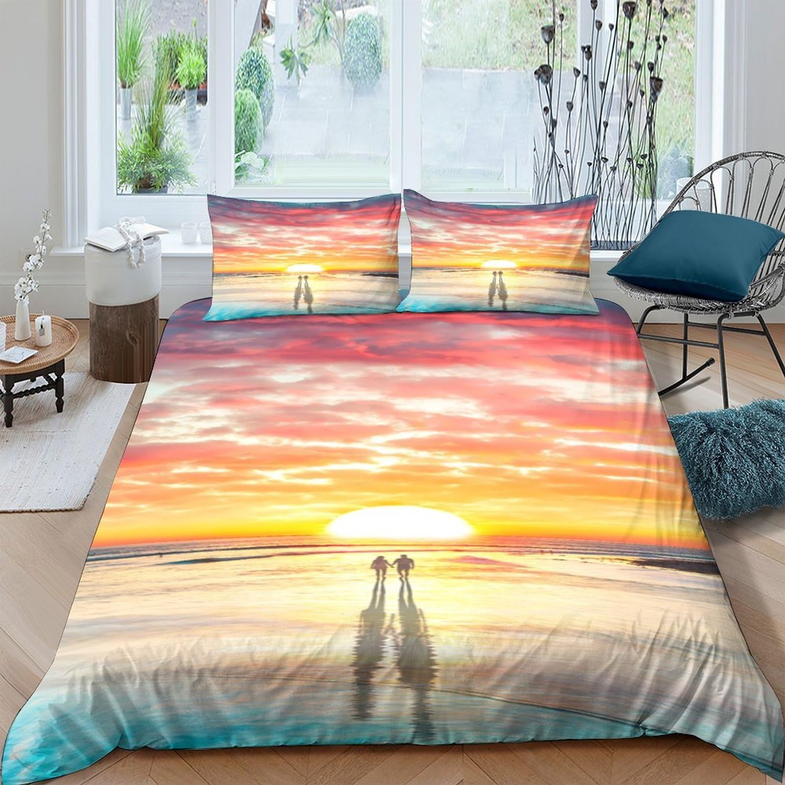 Ctjqhvkz Style-9 3D Printed Sunset Beach Fitted Sheet Microfiber Soft Breathable Couple Silhouette Mattress Cover For Bedroom Guest Room Decor Single（135X200cm）