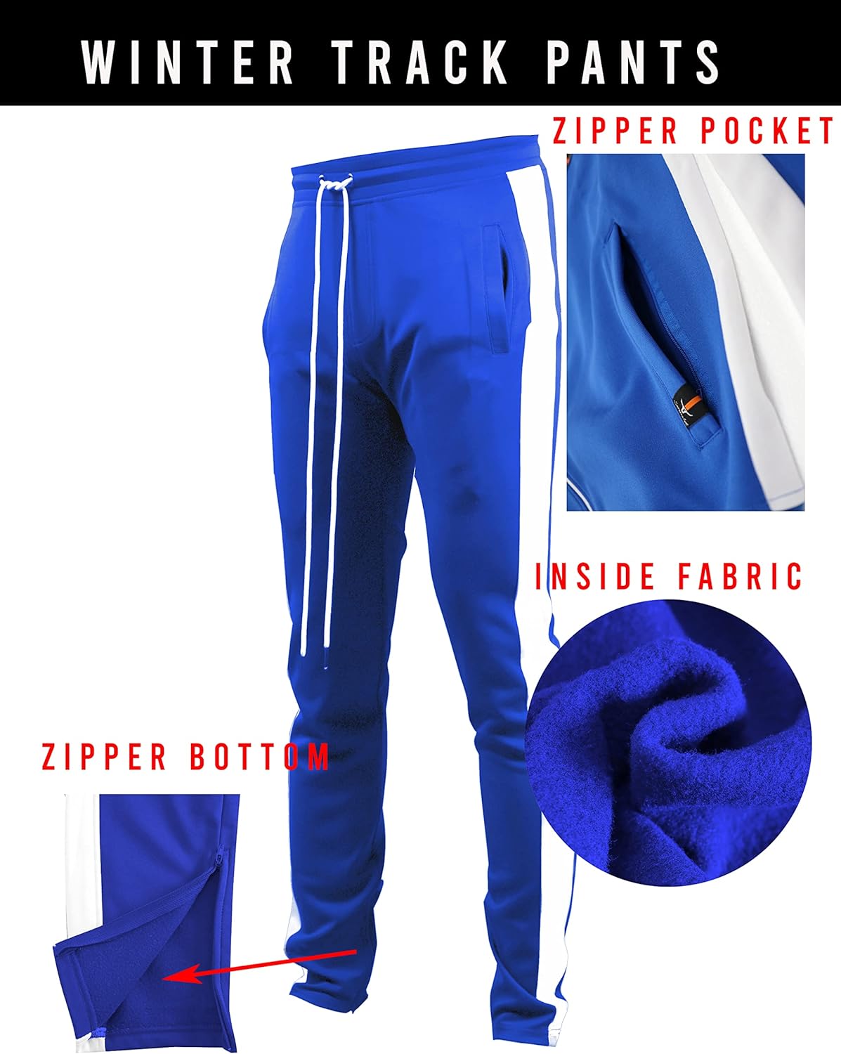SCREENSHOT Men's Premium Fitness Warm-up Slim Fit Classic Track Pants Winter S41707-Royal-Medium - Image 2