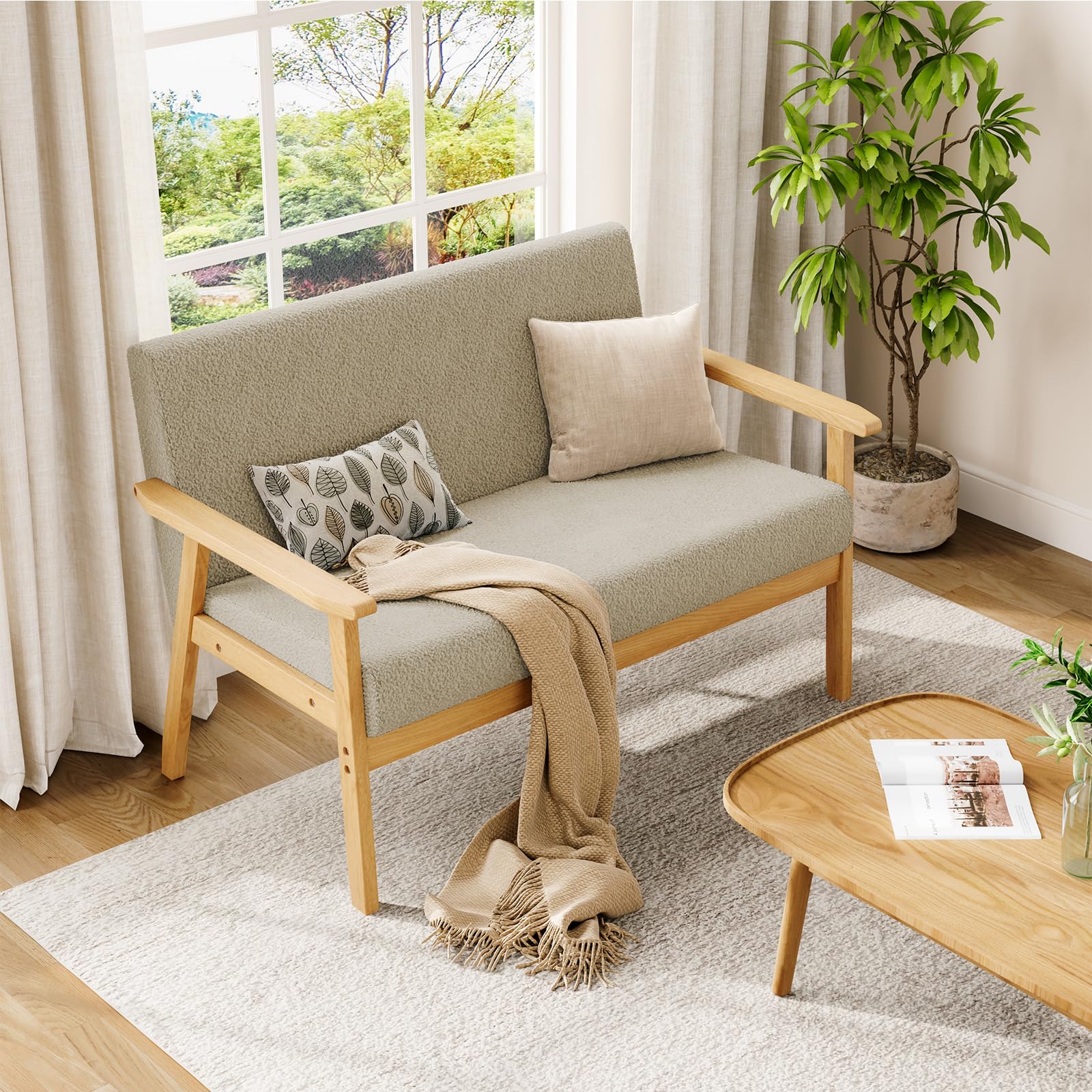 Dripex Divano a 2 posti, piccolo divano con cornice in legno, divano lounge da 2 pezzi, moderno e scandinavo, divano doppio in velluto Teddy, per soggiorno, camera da letto, ufficio,Beige
