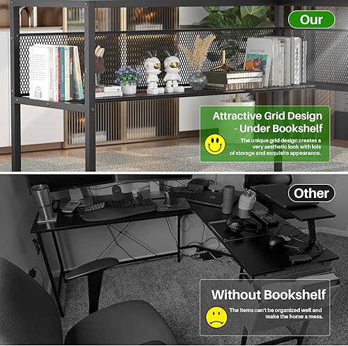 Miniatura 6 de Unikito Escritorio reversible en forma de L, escritorio para computadora con luz LED inteligente y toma de corriente, mesa de oficina ergonómica