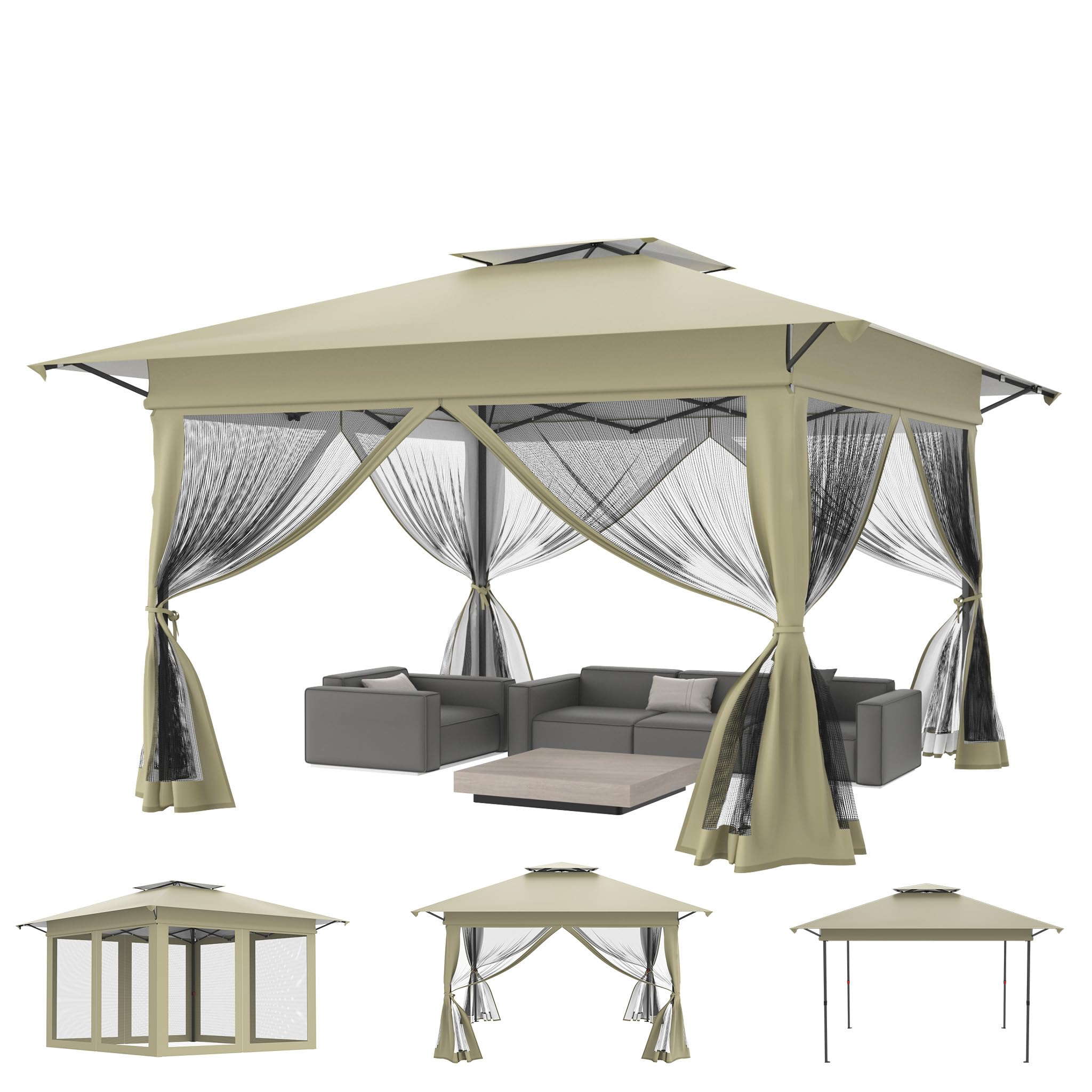 Aufun Gazebo da giardino Pop Up Padiglione 4x4m, protezione UV e zanzare, stabile gazebo pieghevole regolabile in altezza, tenda da giardino con 4 pannelli laterali con zanzariera e tetto doppio