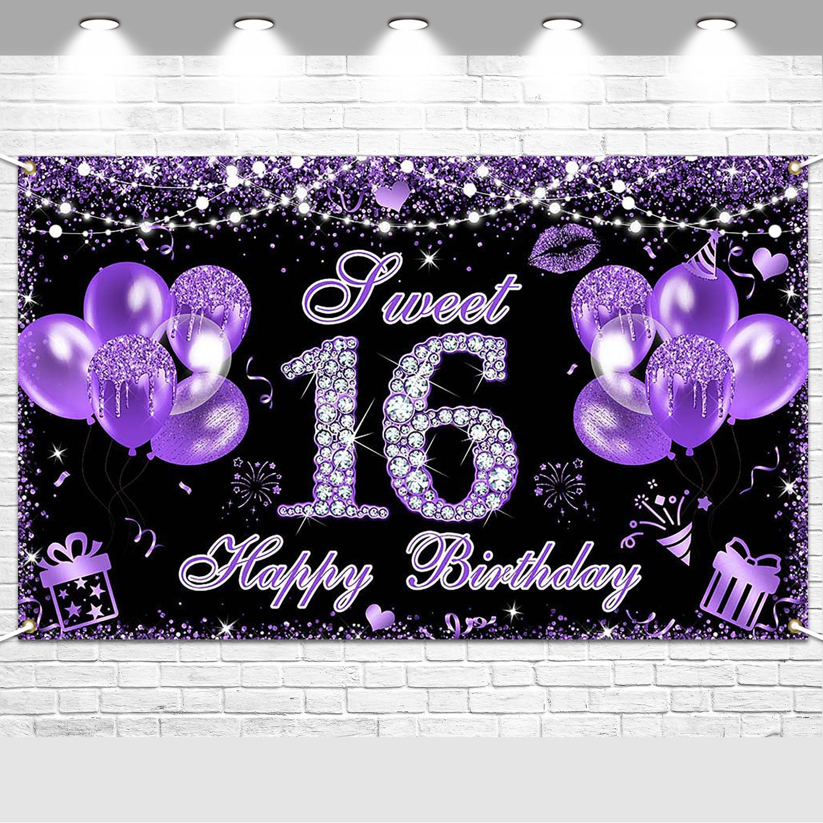Avezano Sweet 16 Birthday Banner Purple Sweet Sixteen Party Decorations Backdrop Glitter Balloon 16 Year Old Birthday Photo Props Supplies 6x3.6 ft