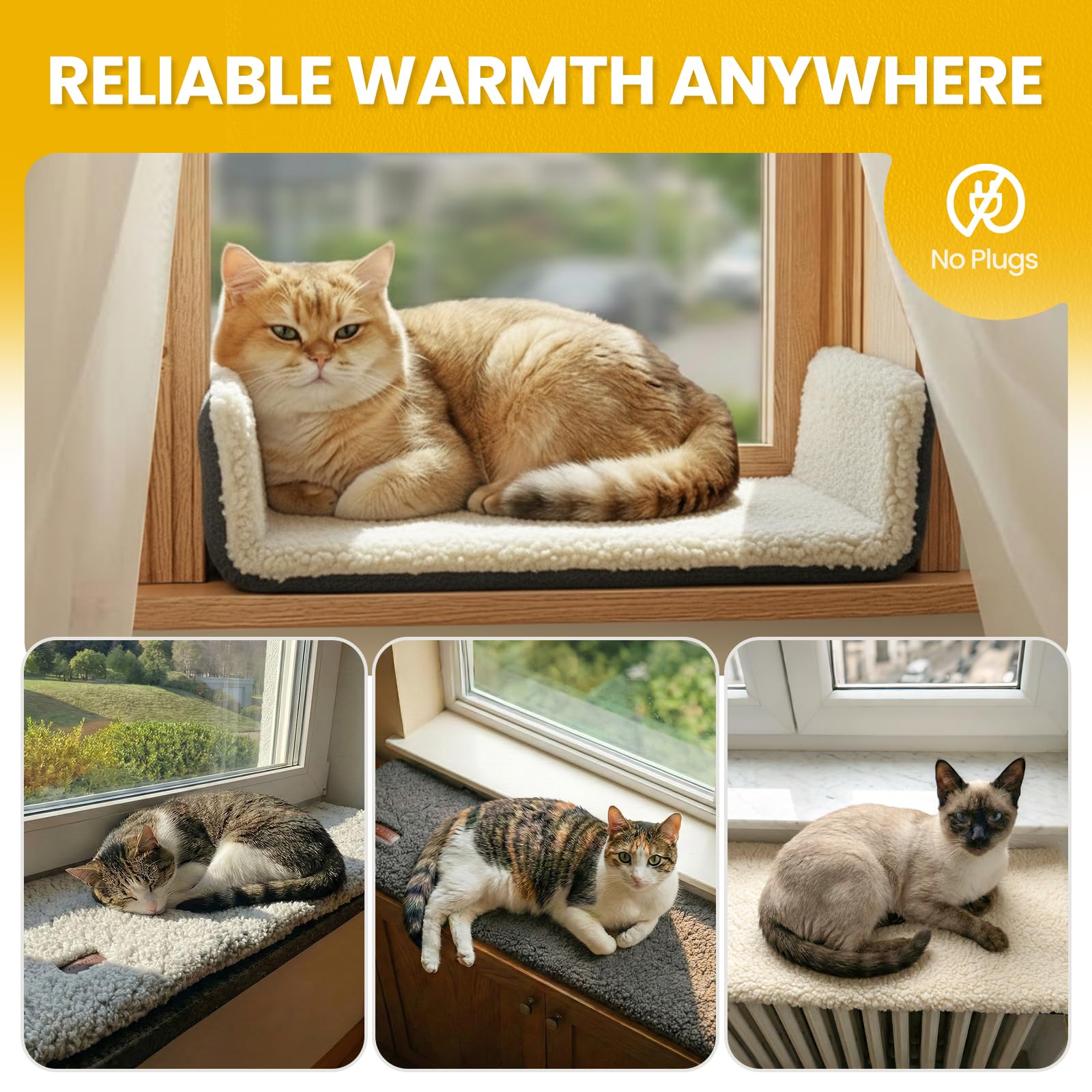 Mora Pets Katzen Fensterliege Katzenbett Fensterbank rutschfest, Selbstheizende Katzendecke für Fenster, Wärmedecke Ohne Strom, Katzenliege Fenster Flauschig & Weich, Waschbarer Bezug, 90 x 28 cm