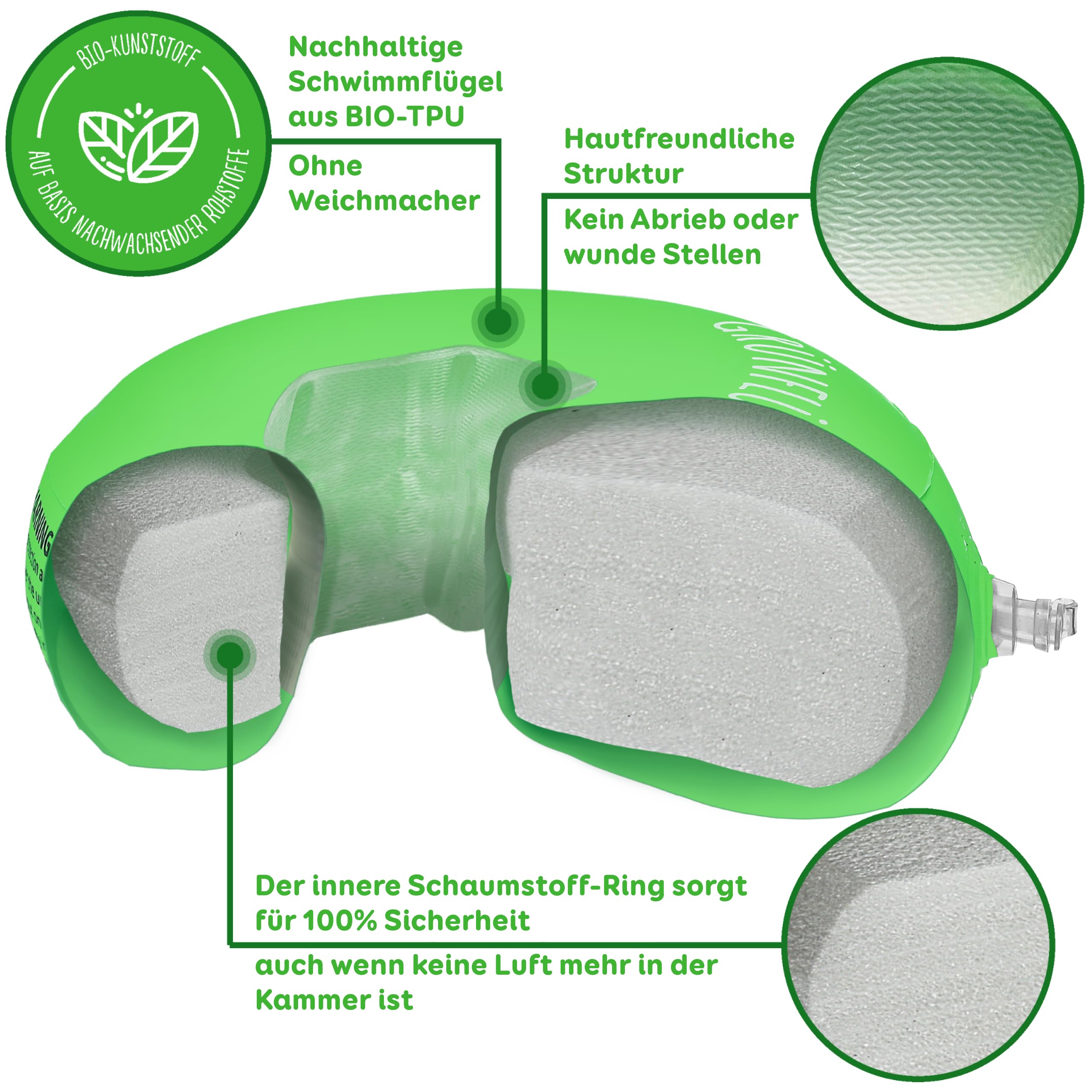 Brassards Verts à partir de 1 an - 11-30 kg & Sûrs | Doux pour la Peau & sans plastifiants