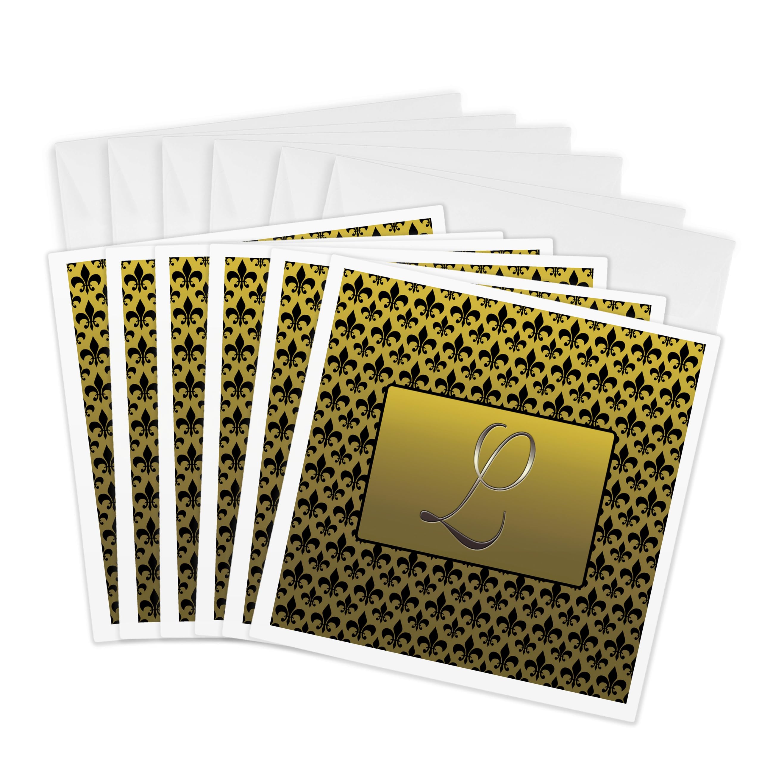 3dRose gc_36090_1 6 x 6-Inch "Elegant Letter L Embossed in Gold Frame Over a Black Fleur-De-Lis Pattern on a Gold Background" Greeting Card (Pack of 6)