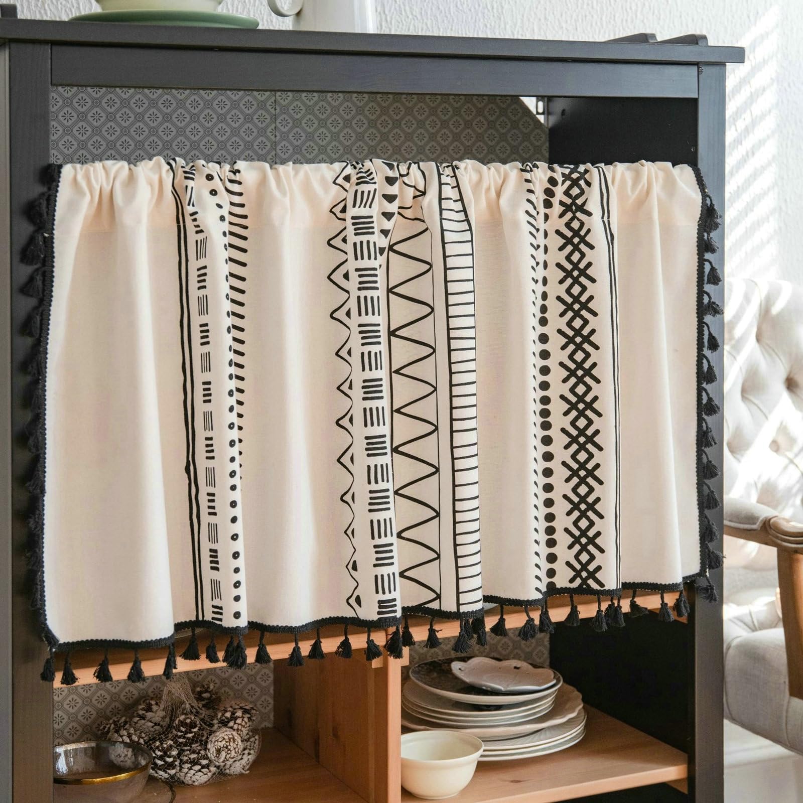 Rideau pour cuisine moderne bohème en coton et lin 150x45 cm avec passe tringle