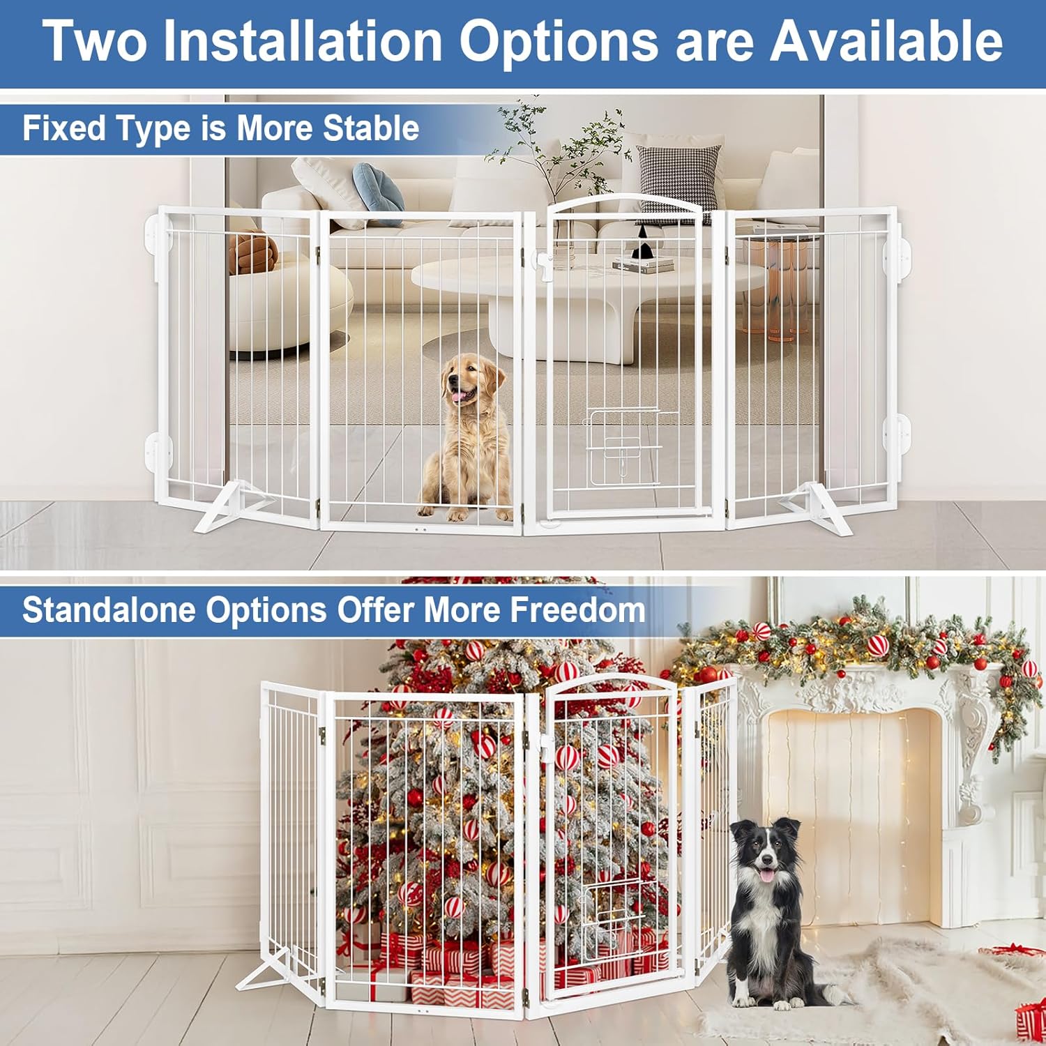 Metal Free Standing Dog Gate with Cat Door for Indoor/Outdoor,80" Extra Wide Foldable Pet Gate,32" Tall Foldable Indoor Dog Fence for Large Openings Stairs,Deck,Yard,Doorways(4 Panels,White)