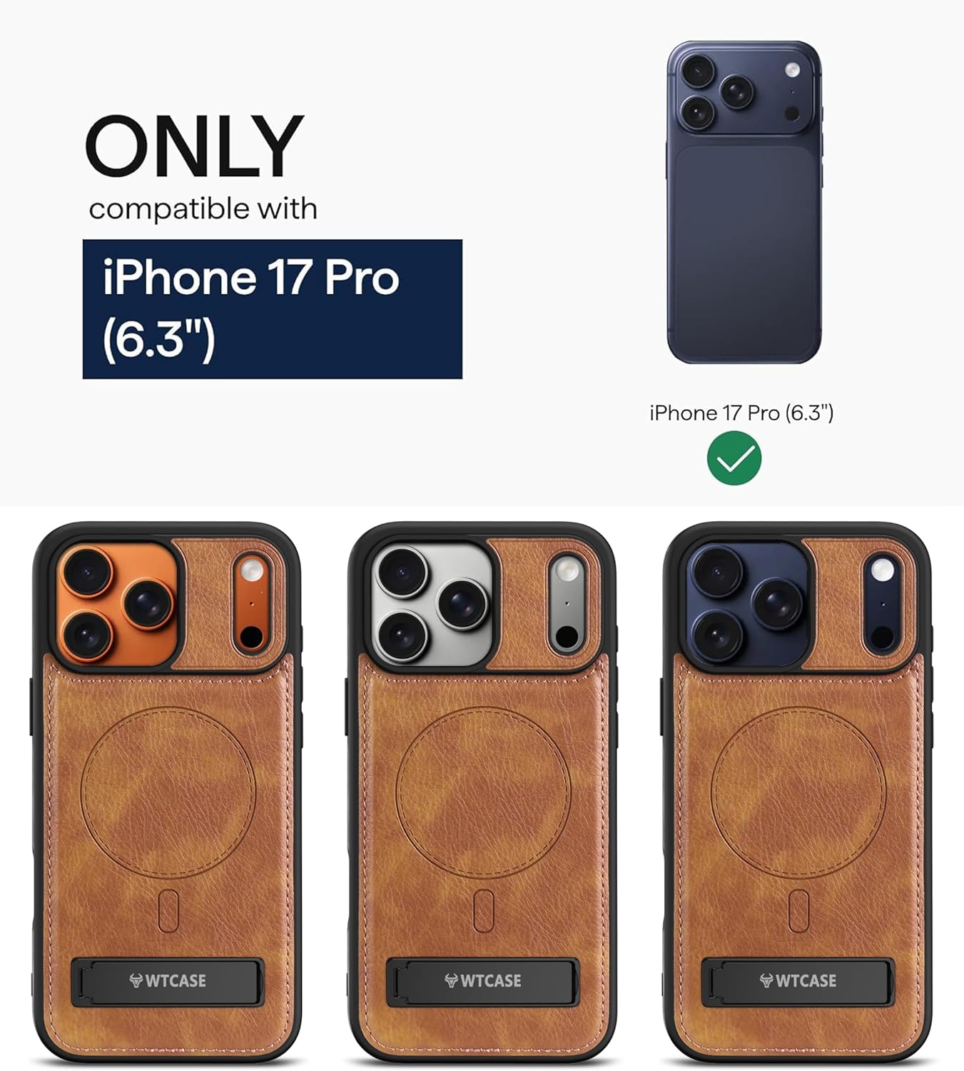 WTCASE Magnetic for iPhone 17 Pro Leather Case,Built-in Invisible Stand [Compatible with Magsafe] Protective Slim Kickstand Phone Cover for iPhone 17 Pro Case, Brown