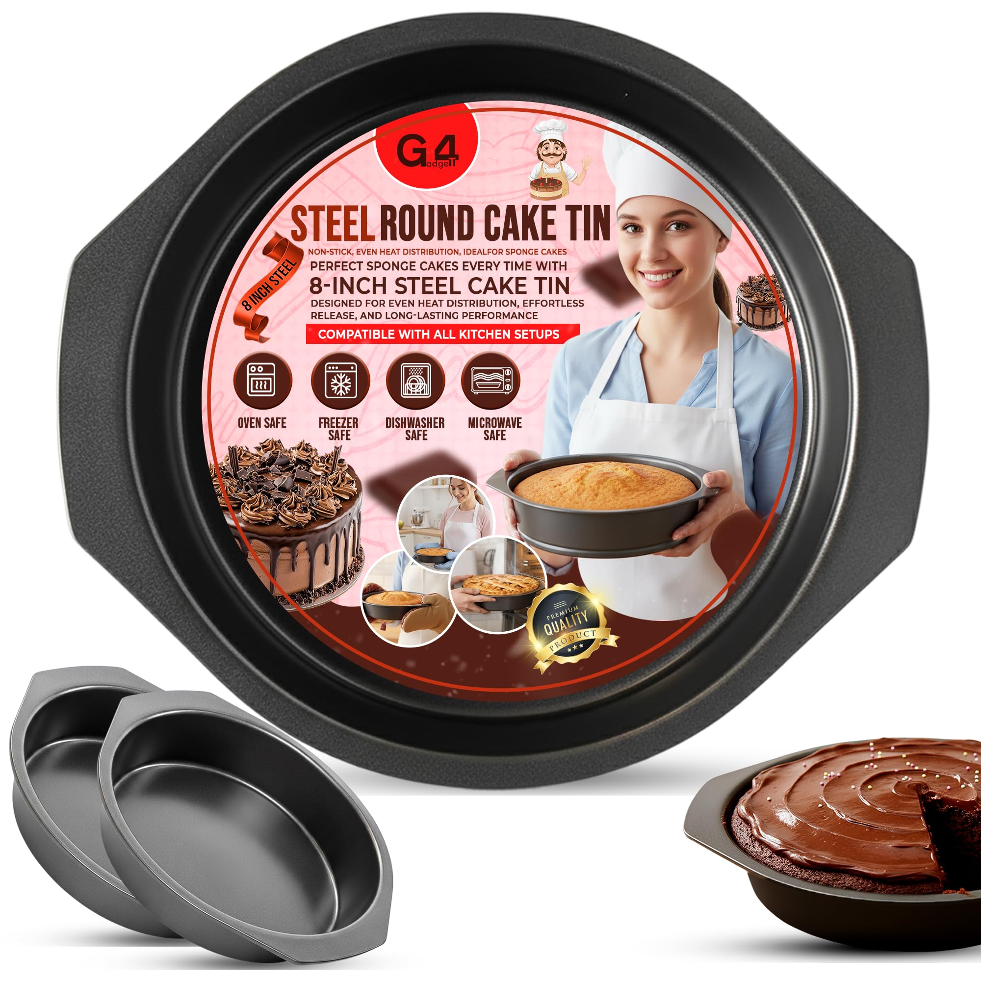 G4GADGET Cake Tin 8 Inch Round | Non-Stick Baking Tins for Cakes, Cheesecake, Sponge, Brownie, Bread | 20cm Springform Cake Pan with Loose Base for Easy Release | Carbon Steel Bakeware