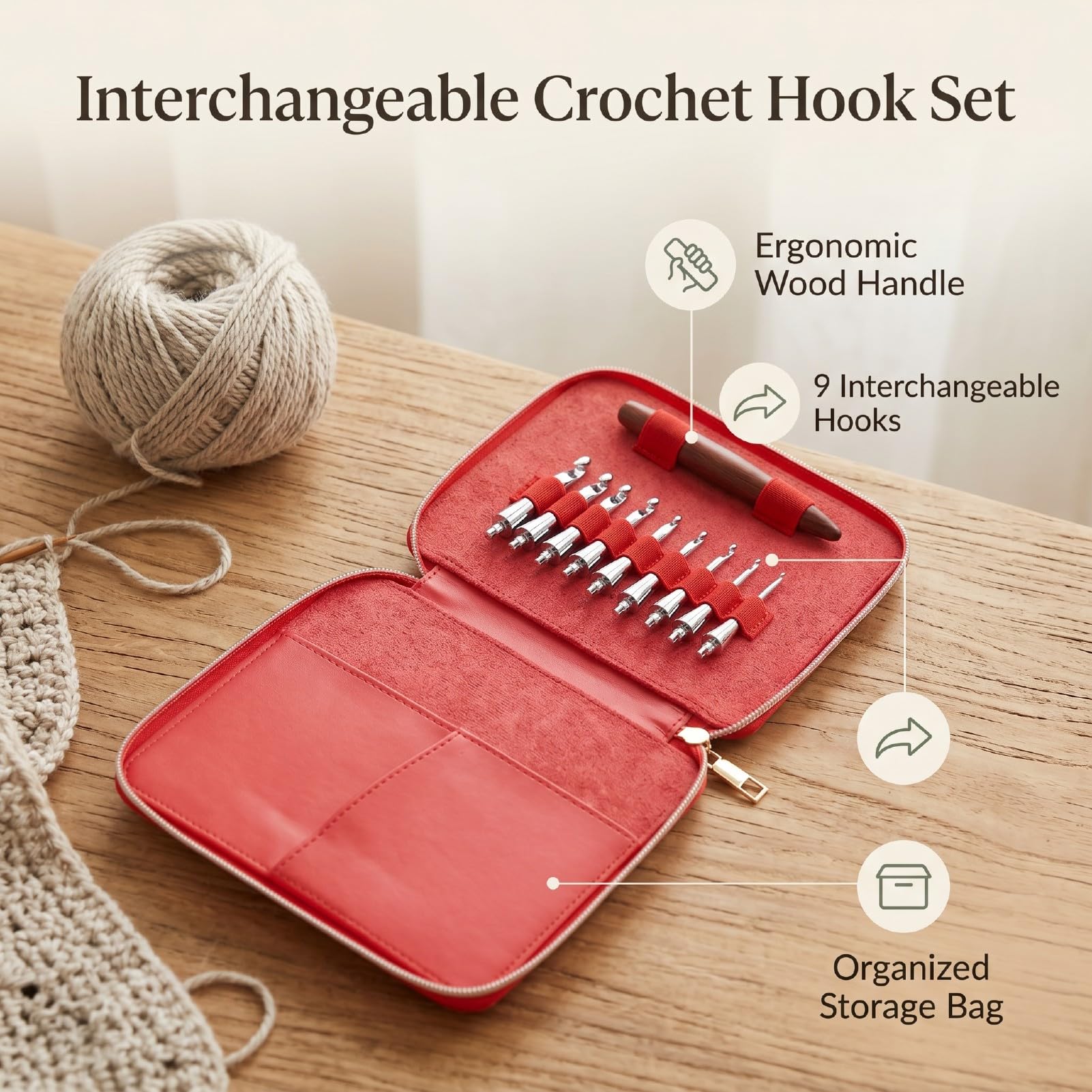 Luqeeg Kit de Herramientas para Tejer con Mango de Madera Ergonómico, Agujas de Ganchillo de Acero Inoxidable Intercambiables