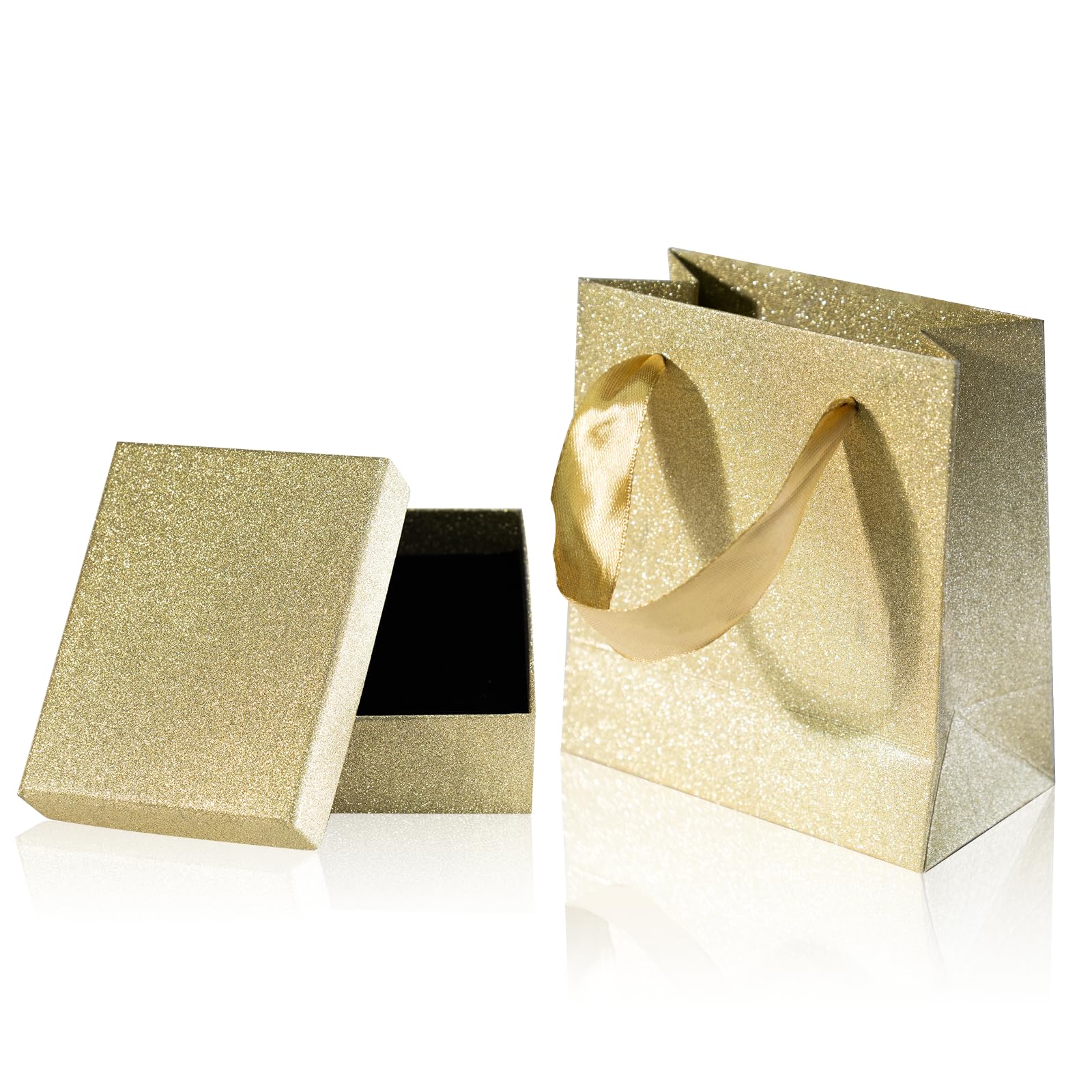Small Gift Box and Gift Bag | 9x7x3cm Jewellery Gift Box and 12x11x 6cm Gift Bag | Bracelet Earring Ring Necklace Box with Lid for Presents (Glitter Gold)
