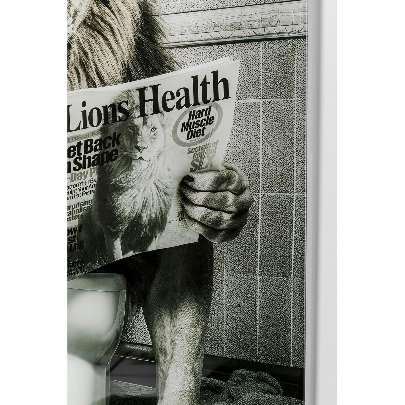 Kare Design quadro di vetro Bath Lion, bianco/nero, 60x80 cm, stampa su vetro, motivo leone, divertente, pop art, per bagno, corridoio, casa moderna