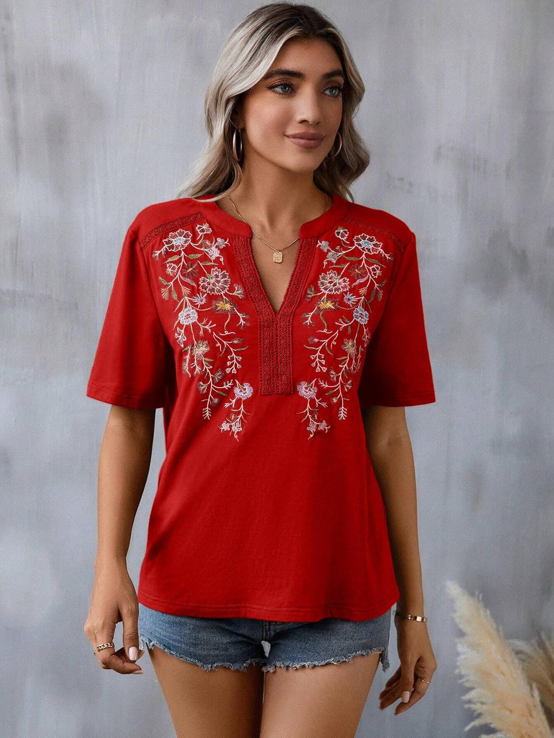 Mexican Shirts for Women Embroidered Tops Traditional Summer Blouse Floral Tunic V Neck Short Sleeve T Shirt - Image 2