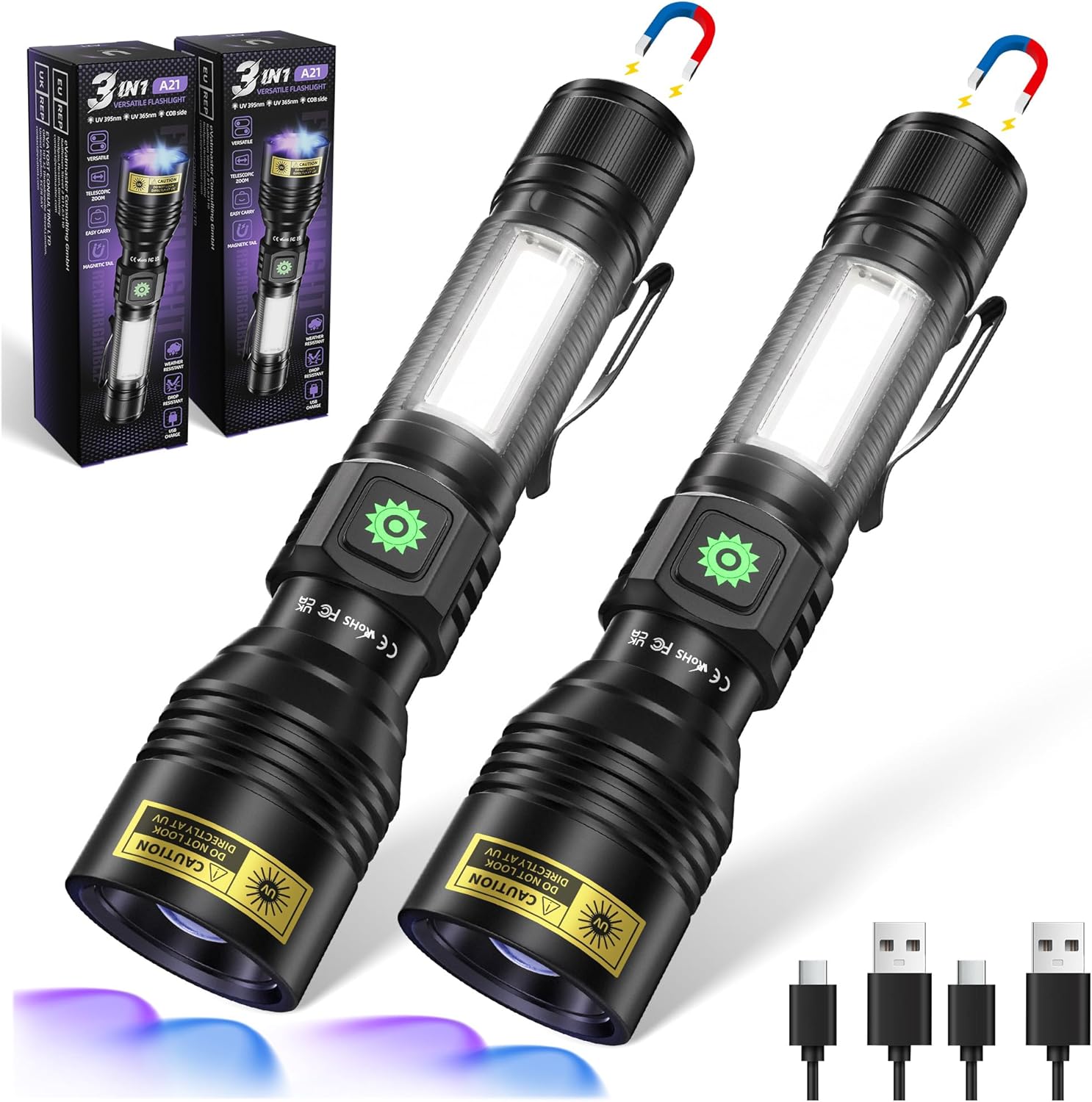 UV Flashlight 365nm & 395nm Dual Black Light , Powerful USB Rechargeable Ultraviolet LED Blacklight Woods Lamp, Focusable Portable Detector for Pet Urine Stains, Uranium Glass, Resin Curing(2 pack）