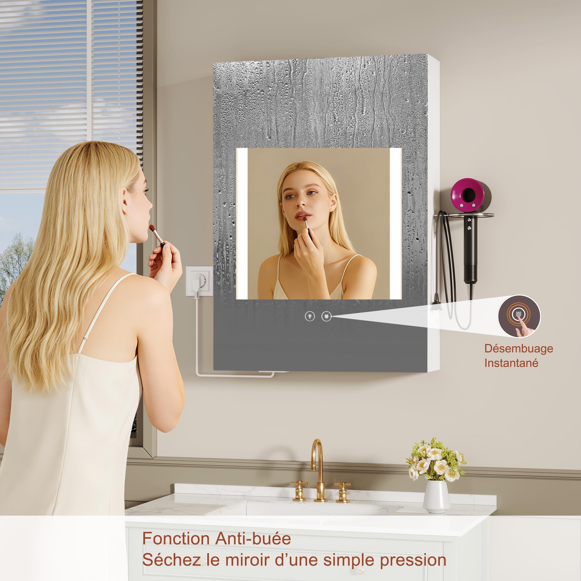 Armoire Murale Salle De Bain avec 3 Couleurs Miroir LED & 2 AC et 3 USB, Fonction DéShumidification et MéMoire,Meuble Salle De Bain Rangement avec éTagèRe RéGlable & Rangement (50x70x15cm, Blanc)