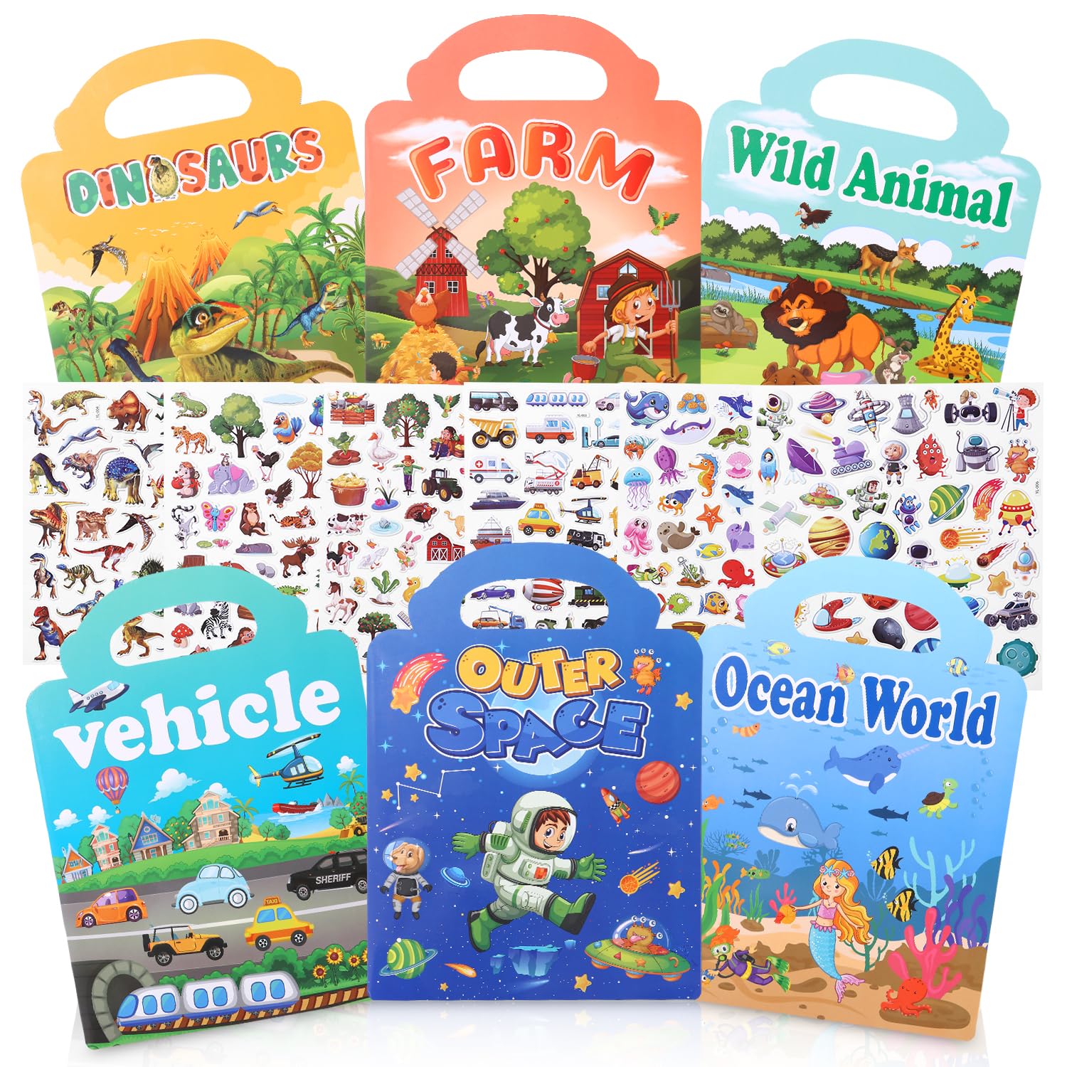 Livre d'autocollants Réutilisables pour Enfants, Lot de 4 Cahier d' autocollants Colorés d'animaux dinosaures de l'espace et Véhicules Jouets éducatifs pour Tout-Petits 3 à 6 Ans