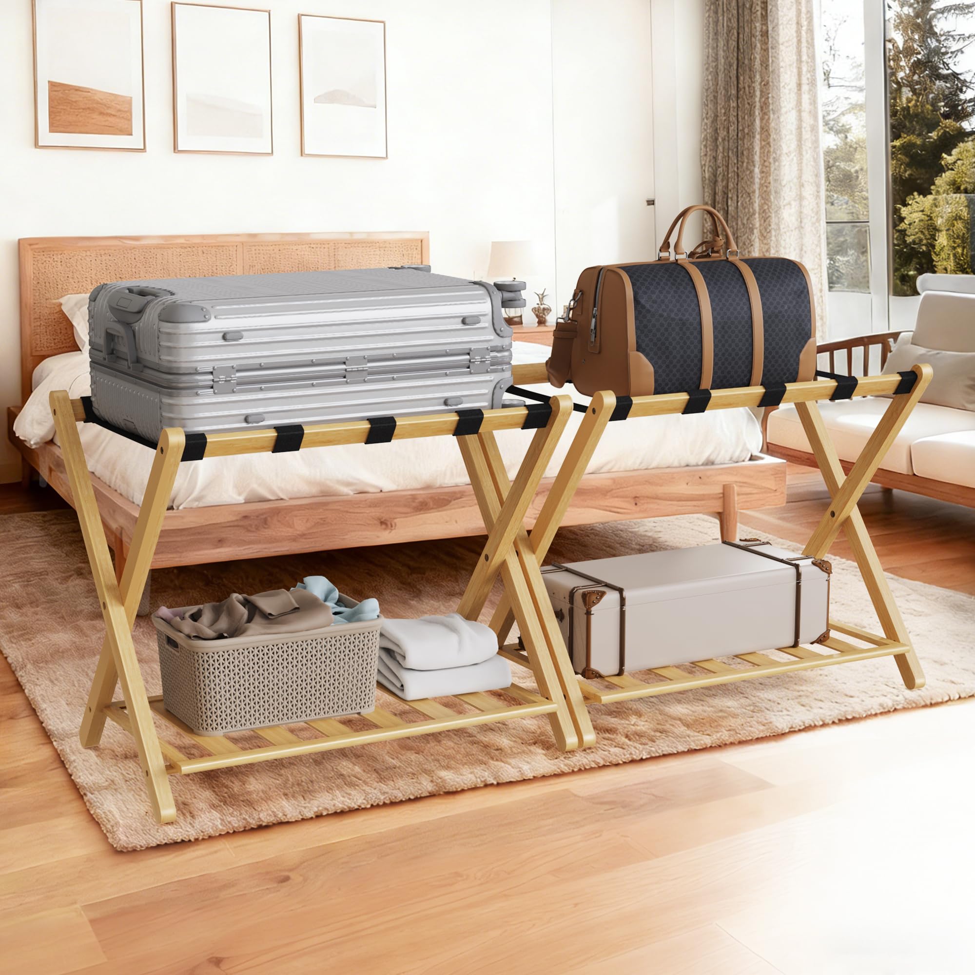 Fully Assembled 26.77" Luggage Stand, 2 Pack, Luggage Rack Set of 2, Luggage Rack for Guest Room, Bedroom, Hotel - Natural Bamboo Suitcase Stand, Foldable with 2 Layers, up to 165 lbs