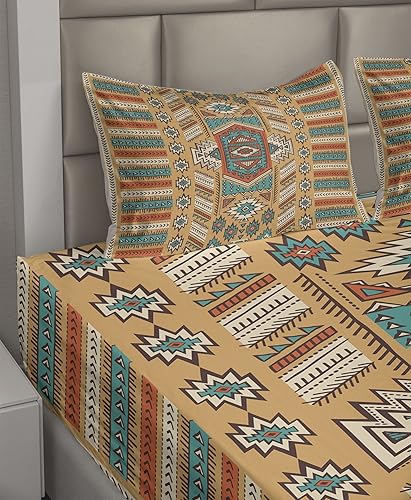 Miniatura 2 de Ambesonne Tribal Sheet Set, Secret Tribe Pattern in Bohemian Style, Fitted and Flat Sheet with Pillowcases Bedding Accent 4 Piece Set, Full, Apricot