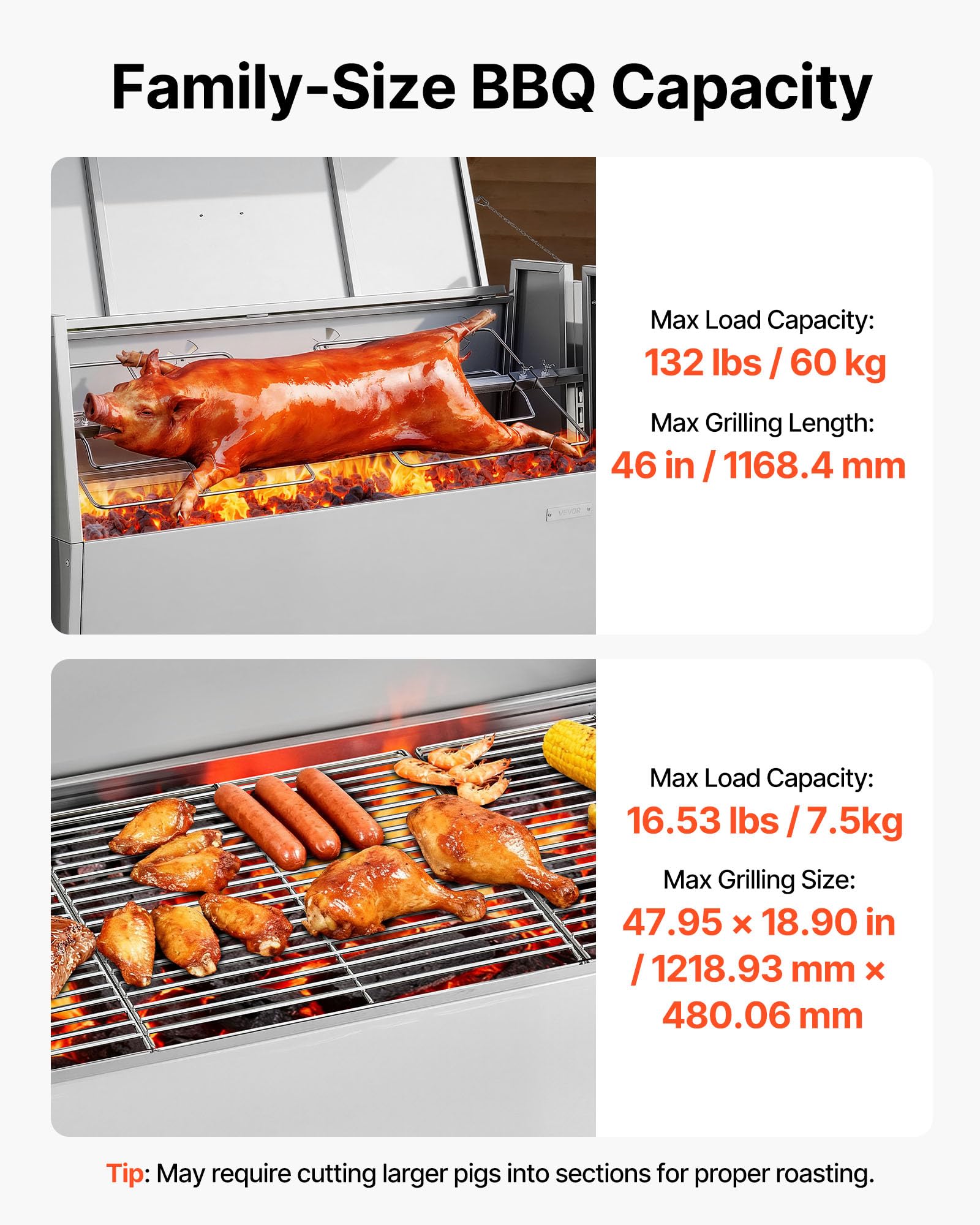 VEVOR Grill do rożna, 117 cm, grill na zewnątrz dla świni i jagnięciny, palarnia na węgiel drzewny o pojemności 59 kg, kółka i 4-poziomowa wysokość, zestaw do grillowania rożna ze stali nierdzewnej